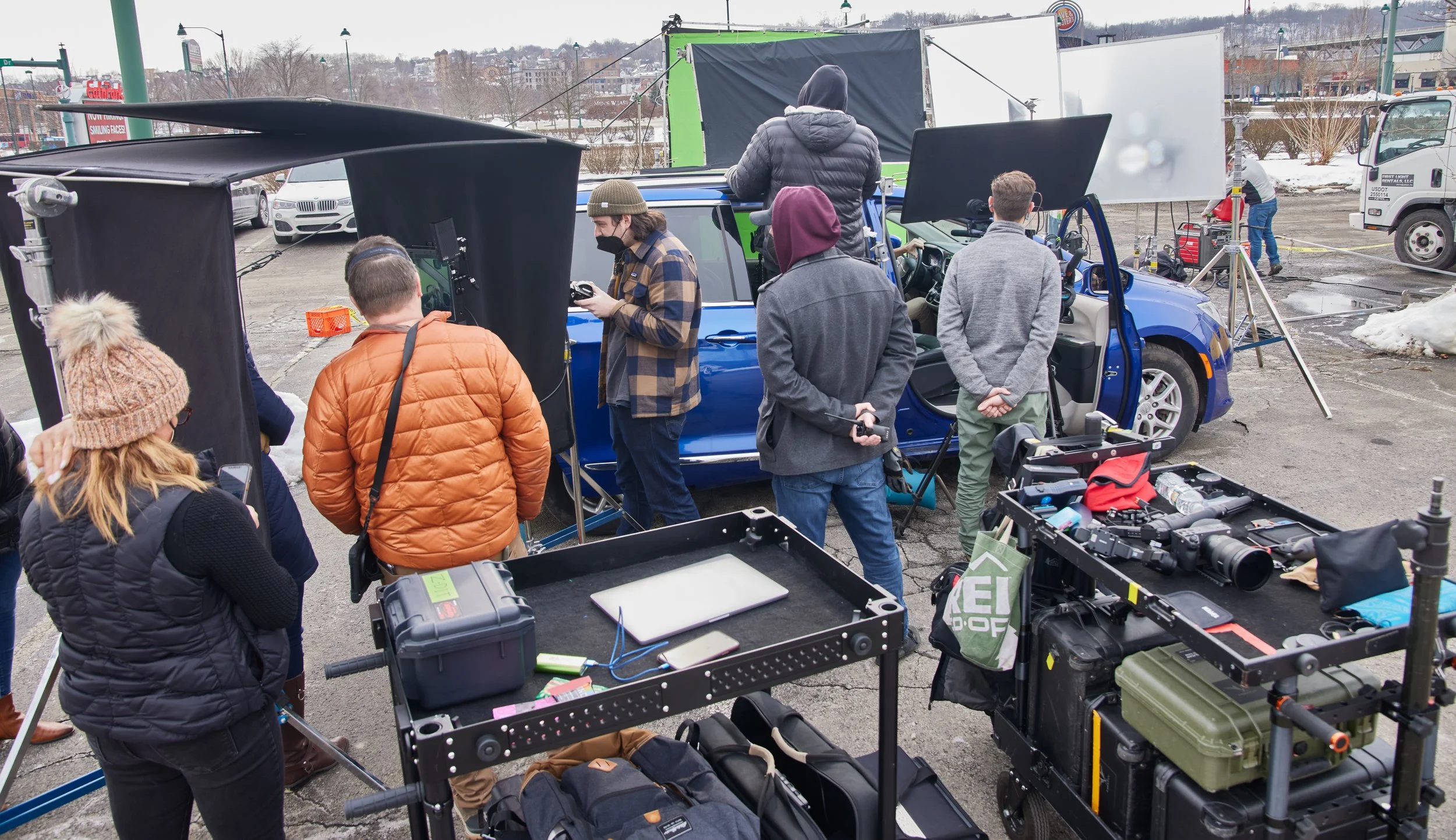 Behind the scenes of Pittsburgh, PA commercial video production.  Green screen and camera car rigging.