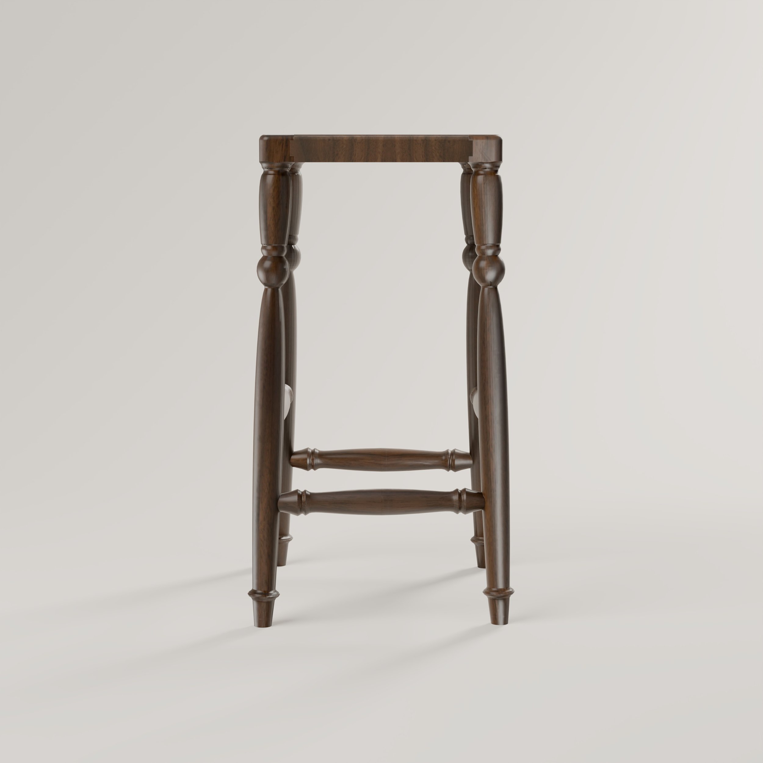 Traditional bar stool in solid walnut, side view, rendering