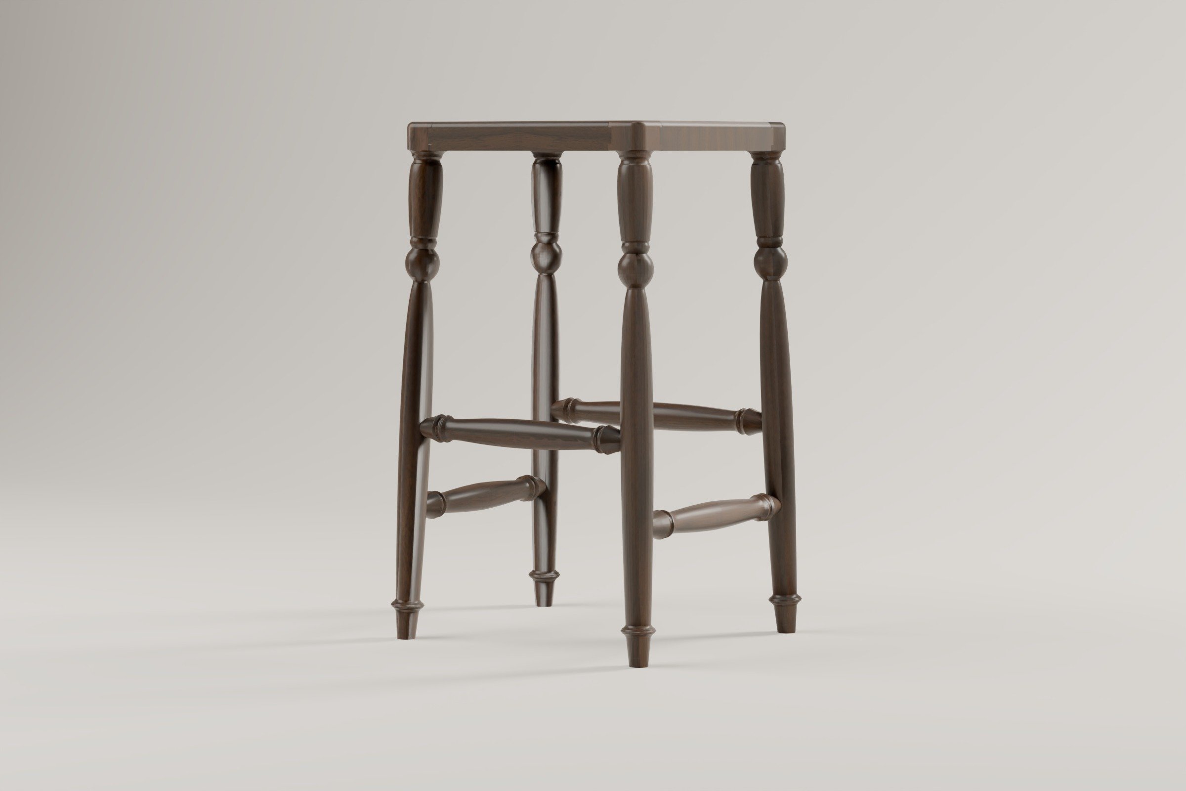 Traditional bar stool in solid walnut, landscape view, rendering