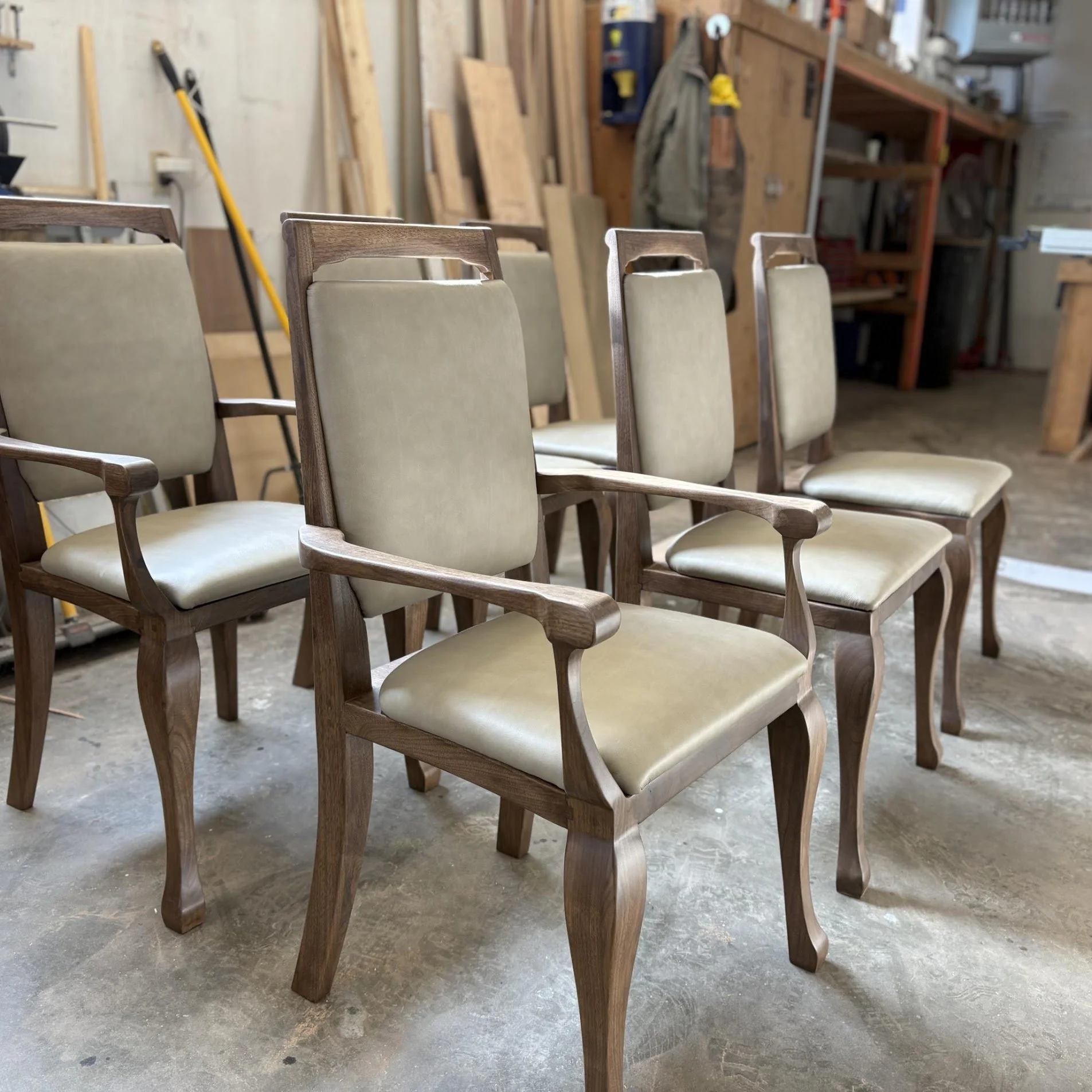 Artesão Windsor side chairs in walnut with Ultraleather upholstery, set of dining chairs