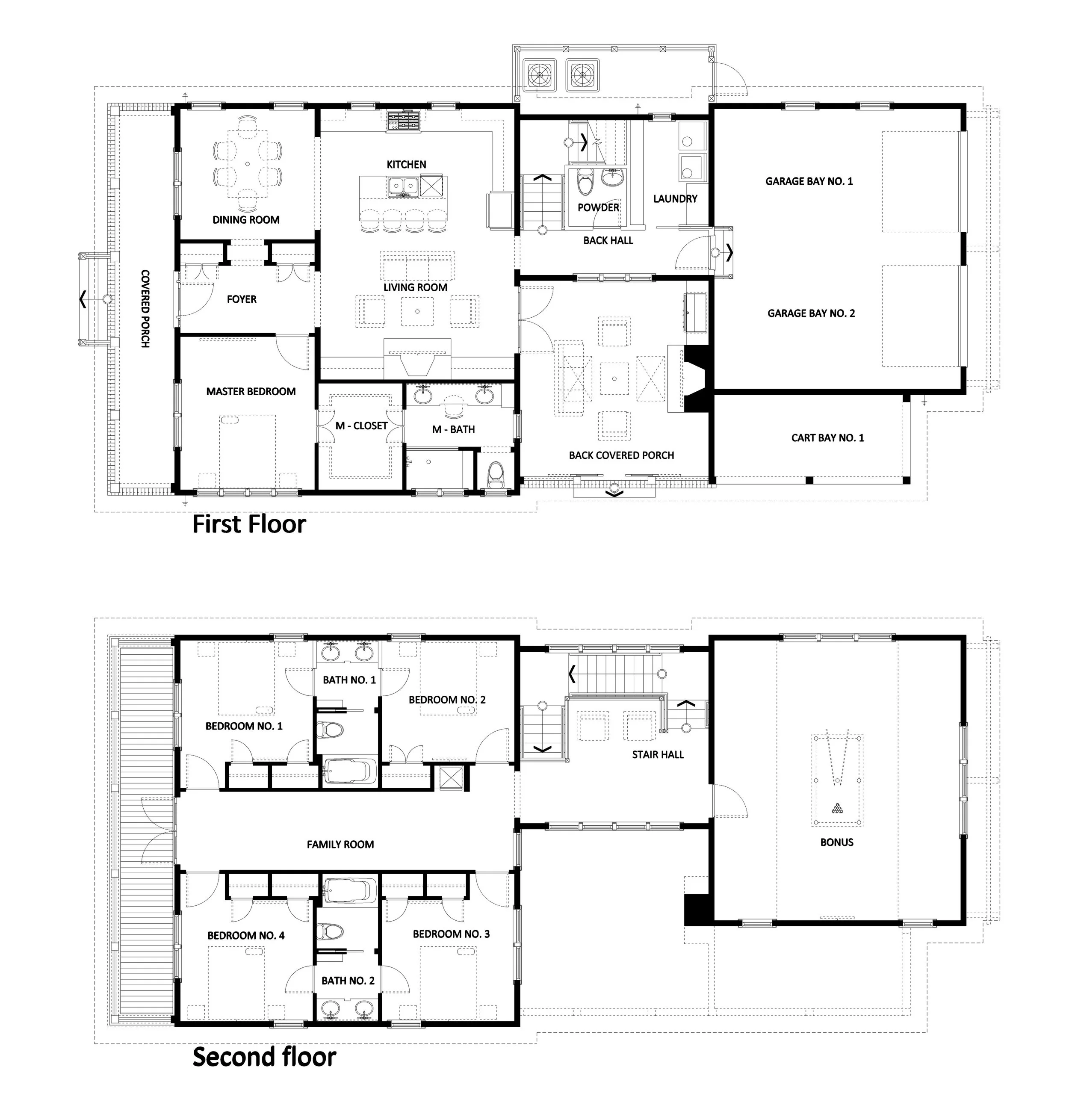 Floor plans for a two-story house. The first floor includes a foyer, master bedroom with walk-in closet and master bath, a living room, kitchen, dining room, laundry, powder room, back hall, two attached garages, and a covered porch. The second floor has four bedrooms, two bathrooms, a family room, stair hall, and a large bonus room.
