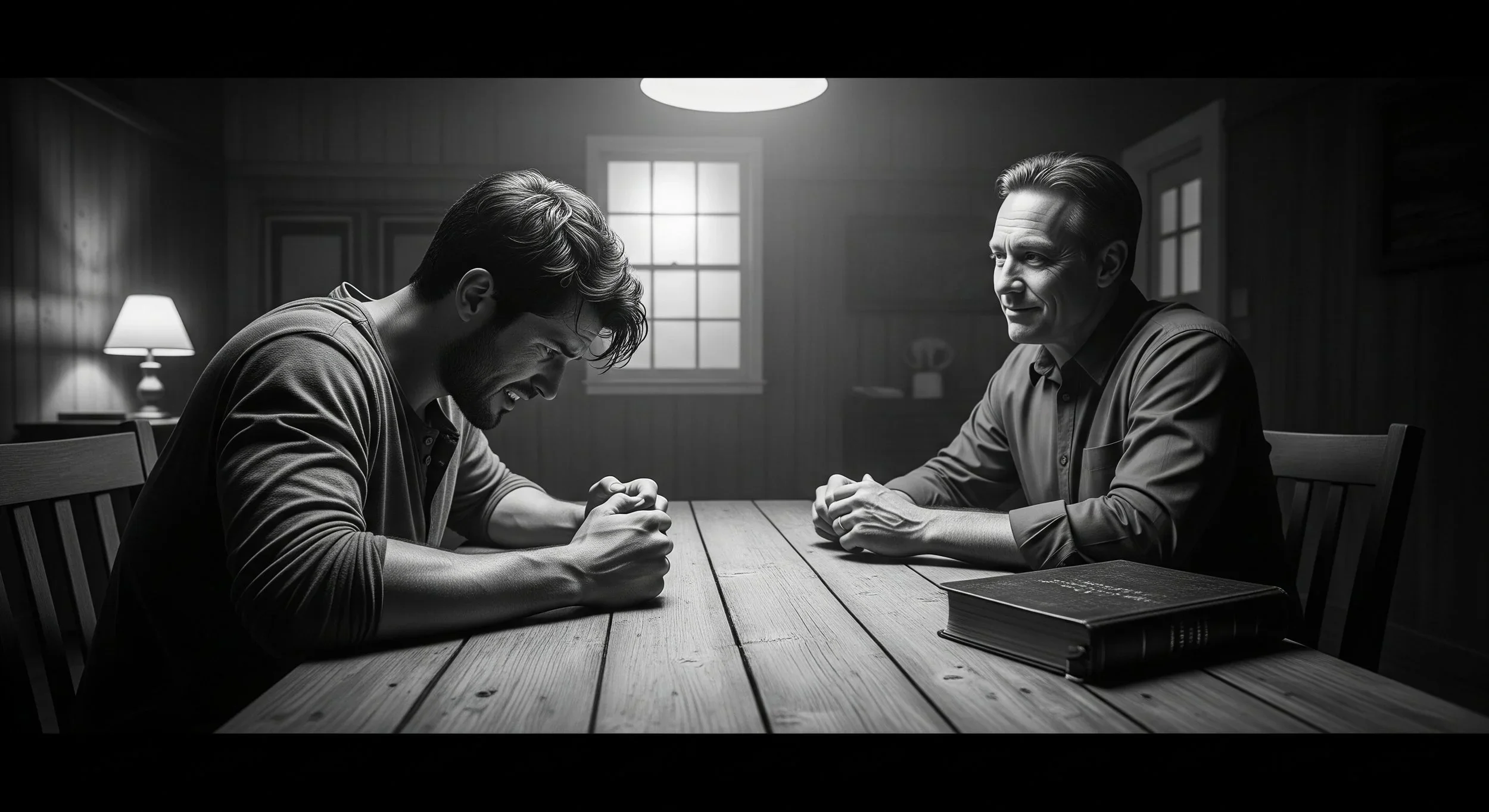 Christian counseling session illustration showing where we speak the truth in love, with one broken man and his counselor, symbolizing ReDefined Mission’s faith-based guidance for restoration, addiction recovery, a new life, and emotional healing.