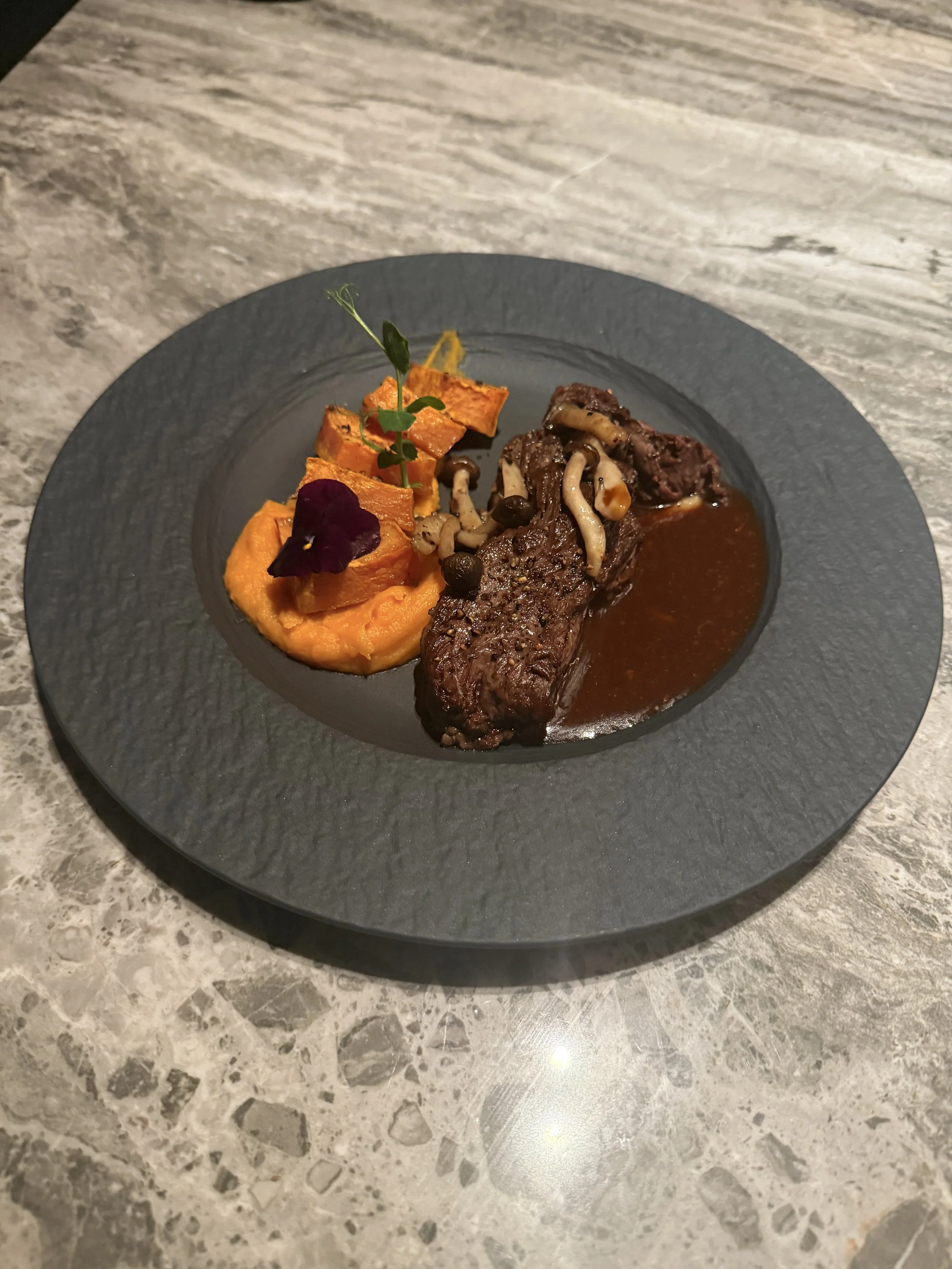 Flank Steak With Sweet Potato, Jus Of Soy And Ginger and Shimeji Mushrooms
