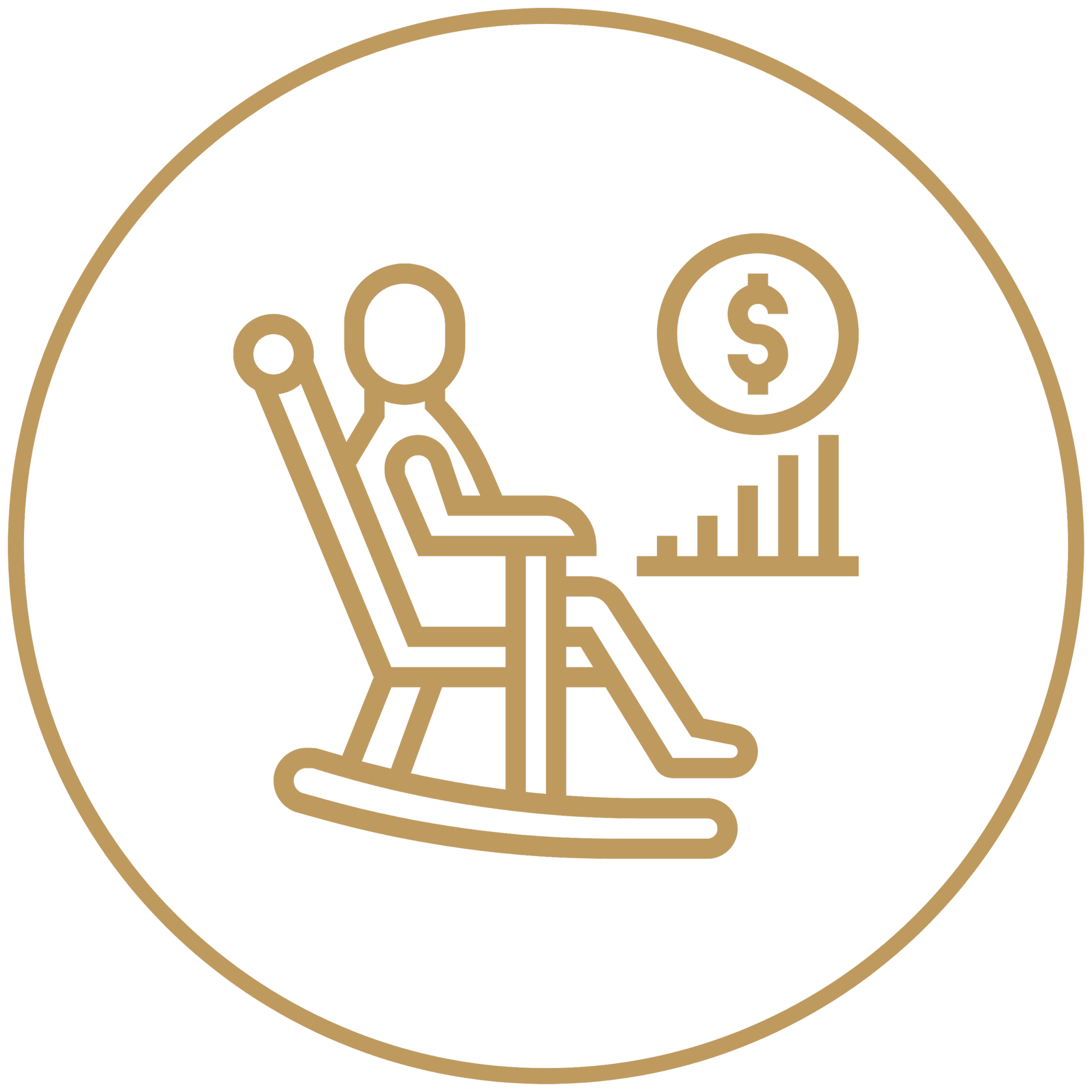 Line art icon of a person sitting in a lounge chair with a graph and a dollar sign next to them.
