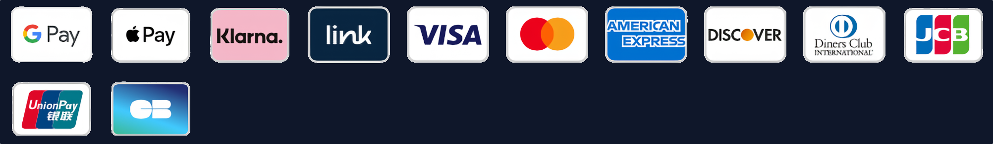 Icons showing accepted payment methods: Google Pay, Apple Pay, Klarna, Link, Visa, Mastercard, American Express, Discover, Diners Club, JCB, UnionPay and CB.