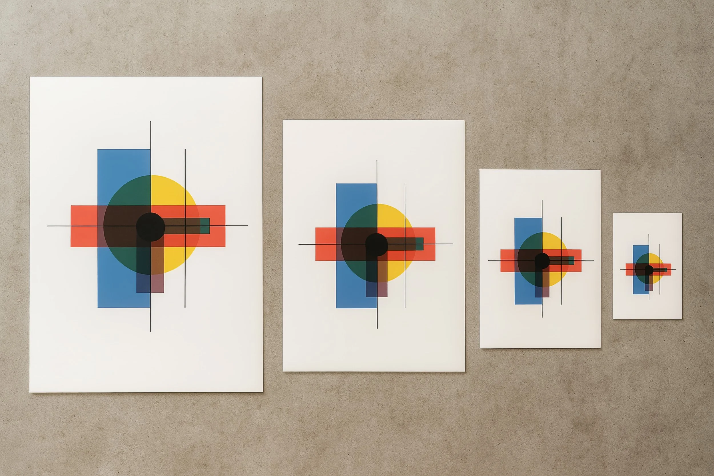 Clarity | Sightlines size guide: A3+, A3, A4 and A5 prints side by side on wood surface.