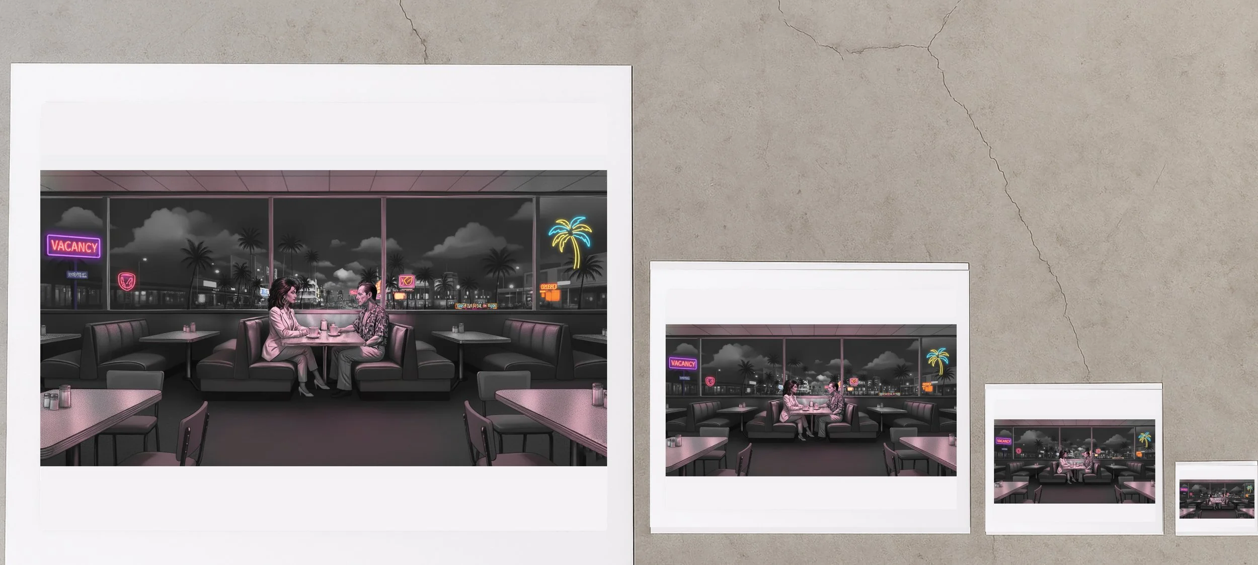 Four sizes of the neon diner artwork (A3+, A3, A4, A5) laid side by side on a light polished concrete surface.