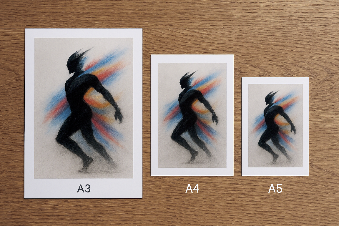 Study size guide — A3+, A3, A4 and A5 prints side by side on wood surface.
