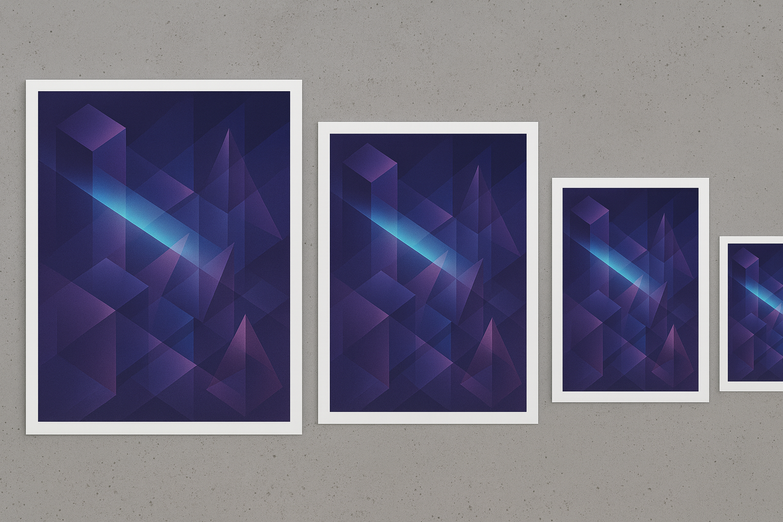 Beam | Light Logic size guide: unframed prints in A3+, A3, A4 and A5 on a concrete surface.