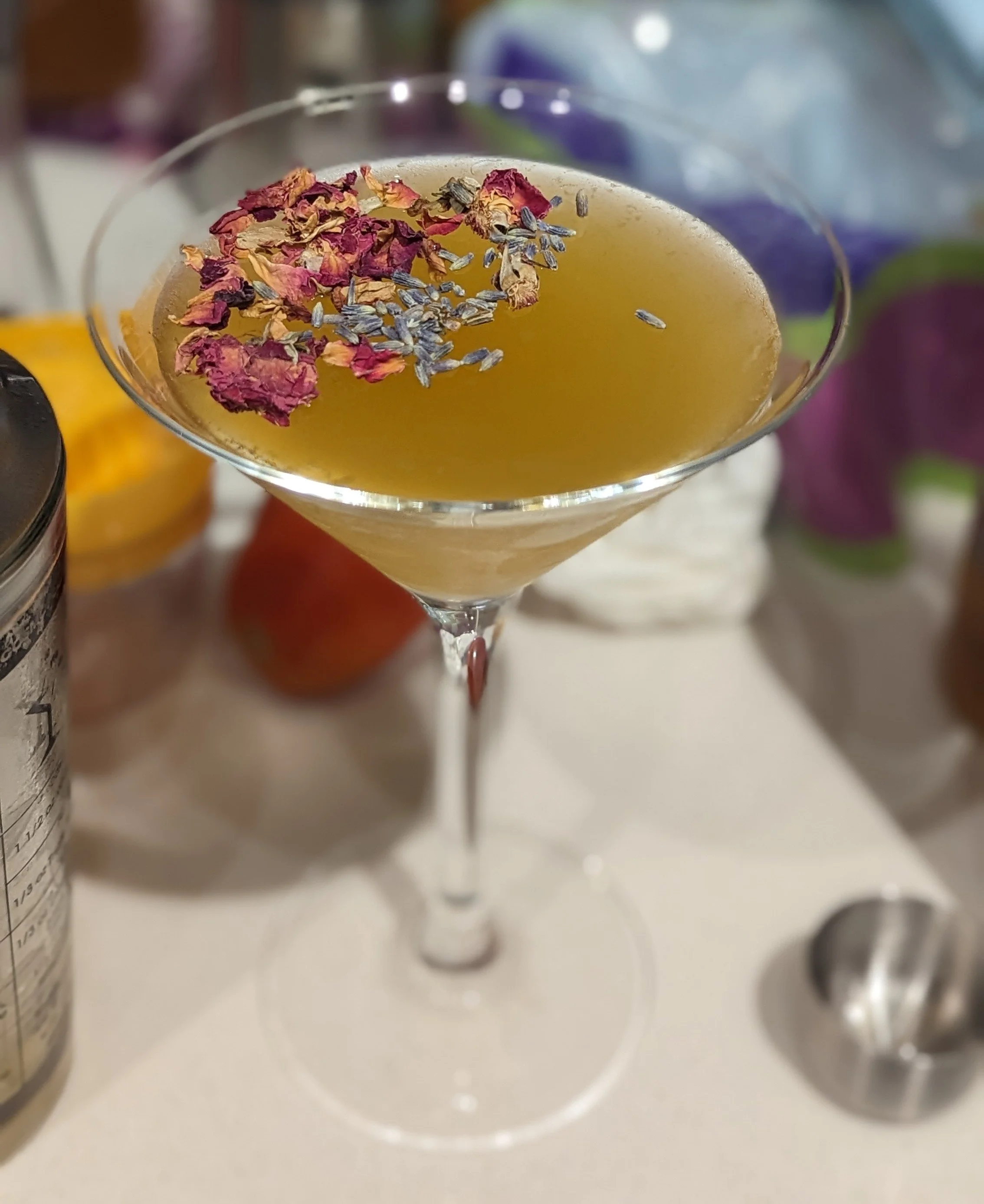 martini with dried lavender and rose petals