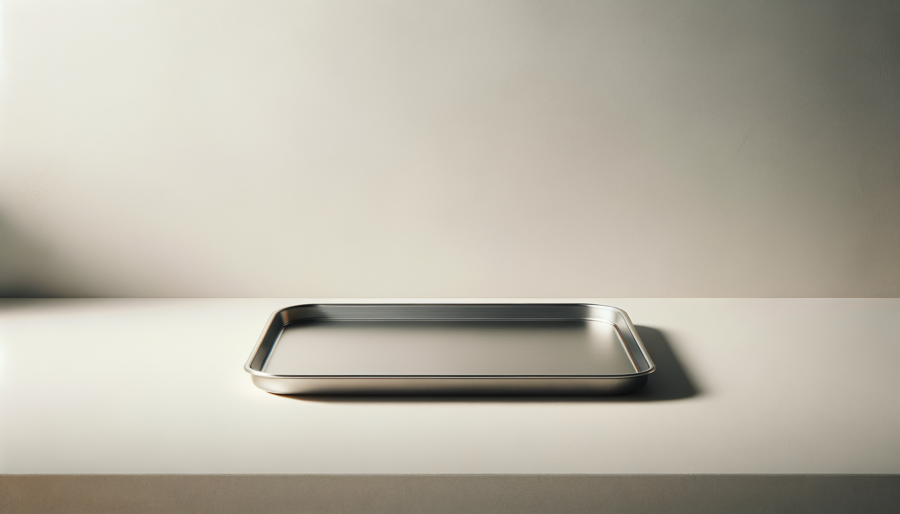 Empty silver tray on a white surface with a plain light-colored wall in the background.