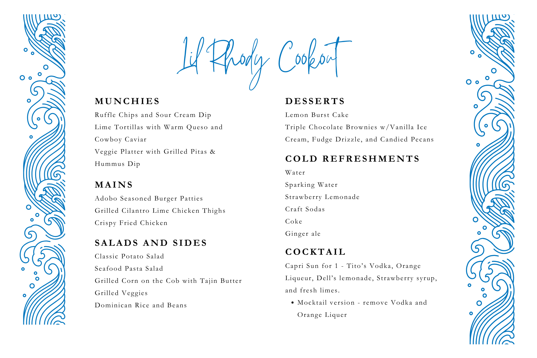 sample cookout menu