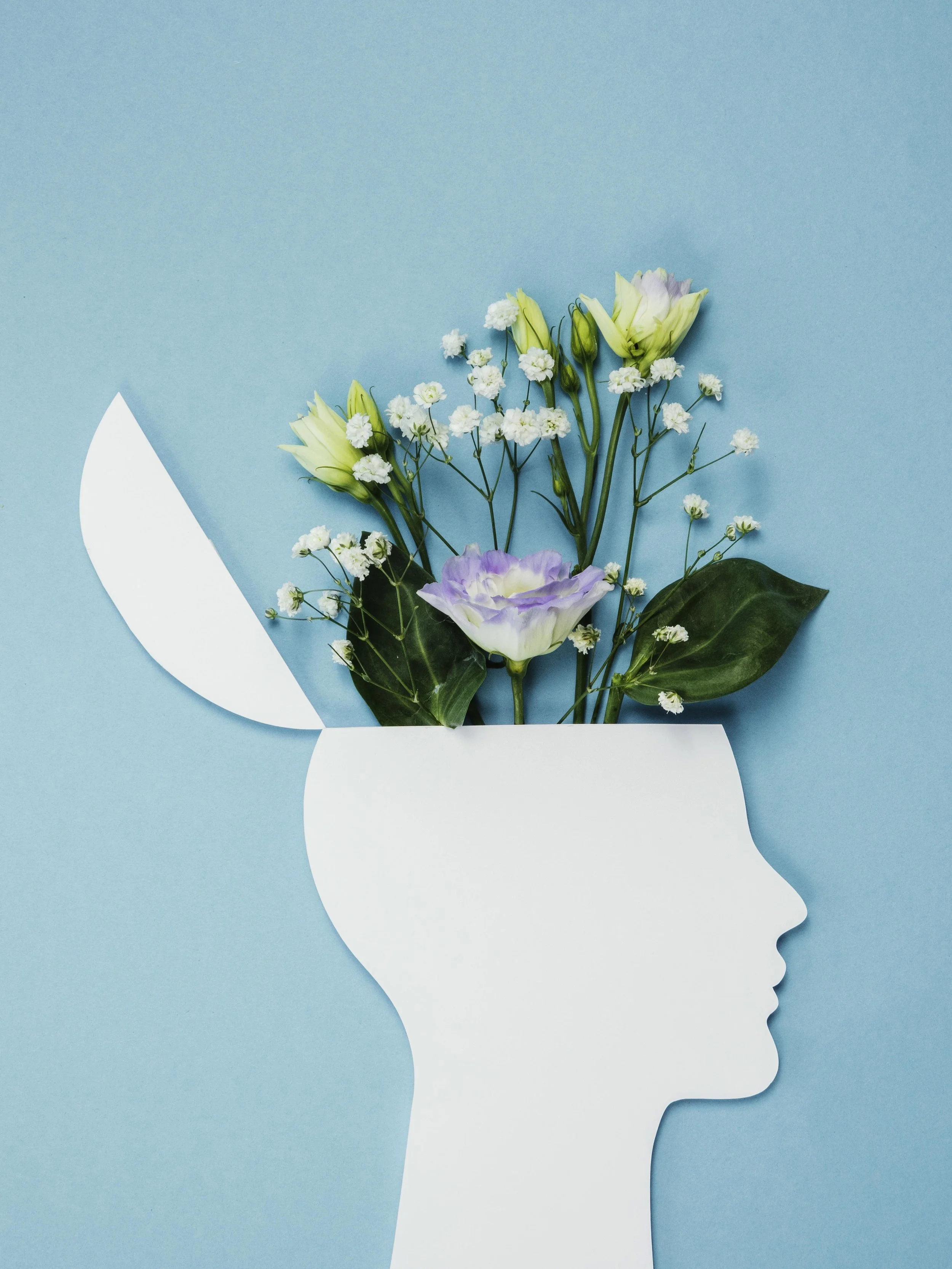 Silhouette of a human head with flowers and green leaves inside and emerging from the top against a blue background.