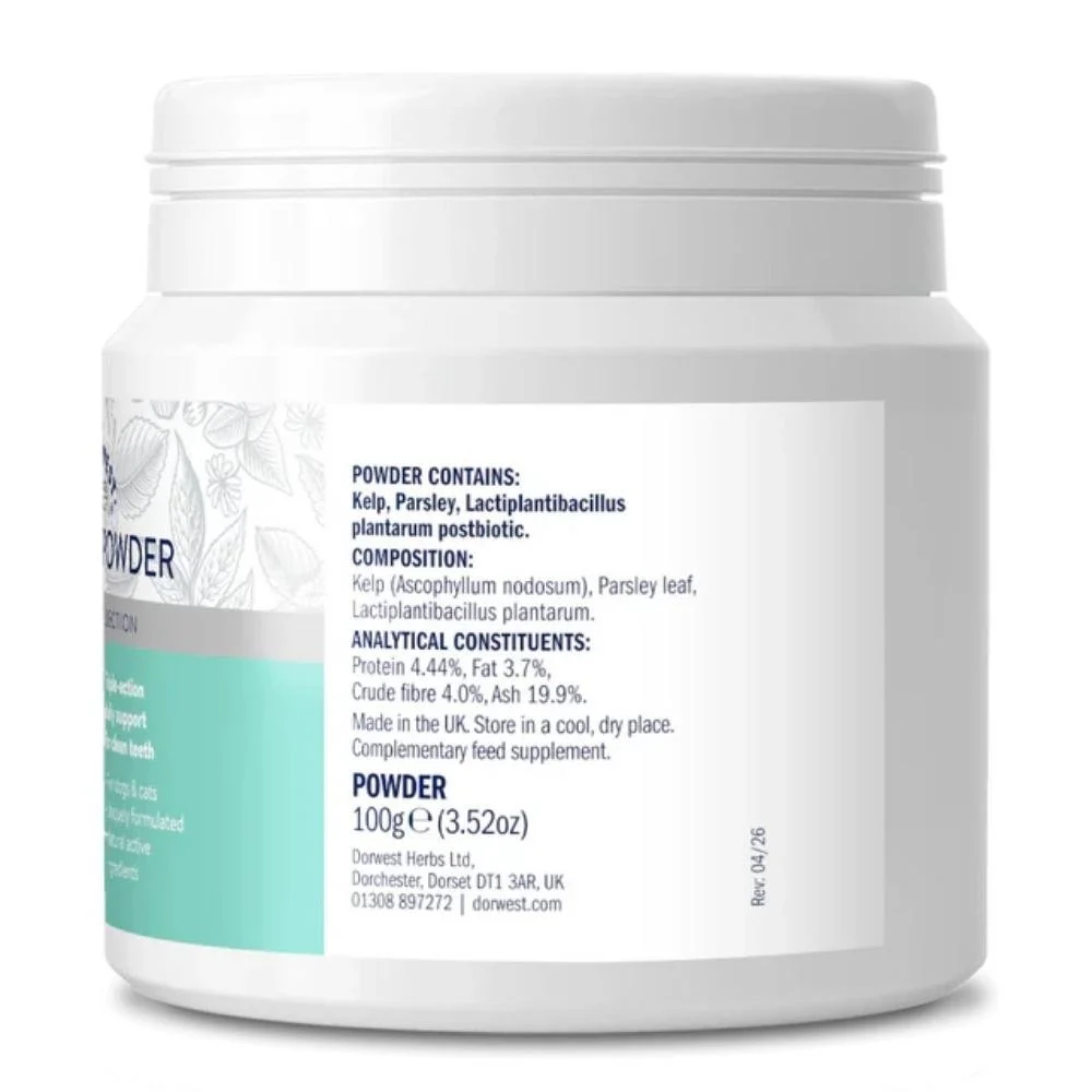 Rear label view of the Dorwest Dental Powder tub showing the composition details, storage instructions, and caution warnings.