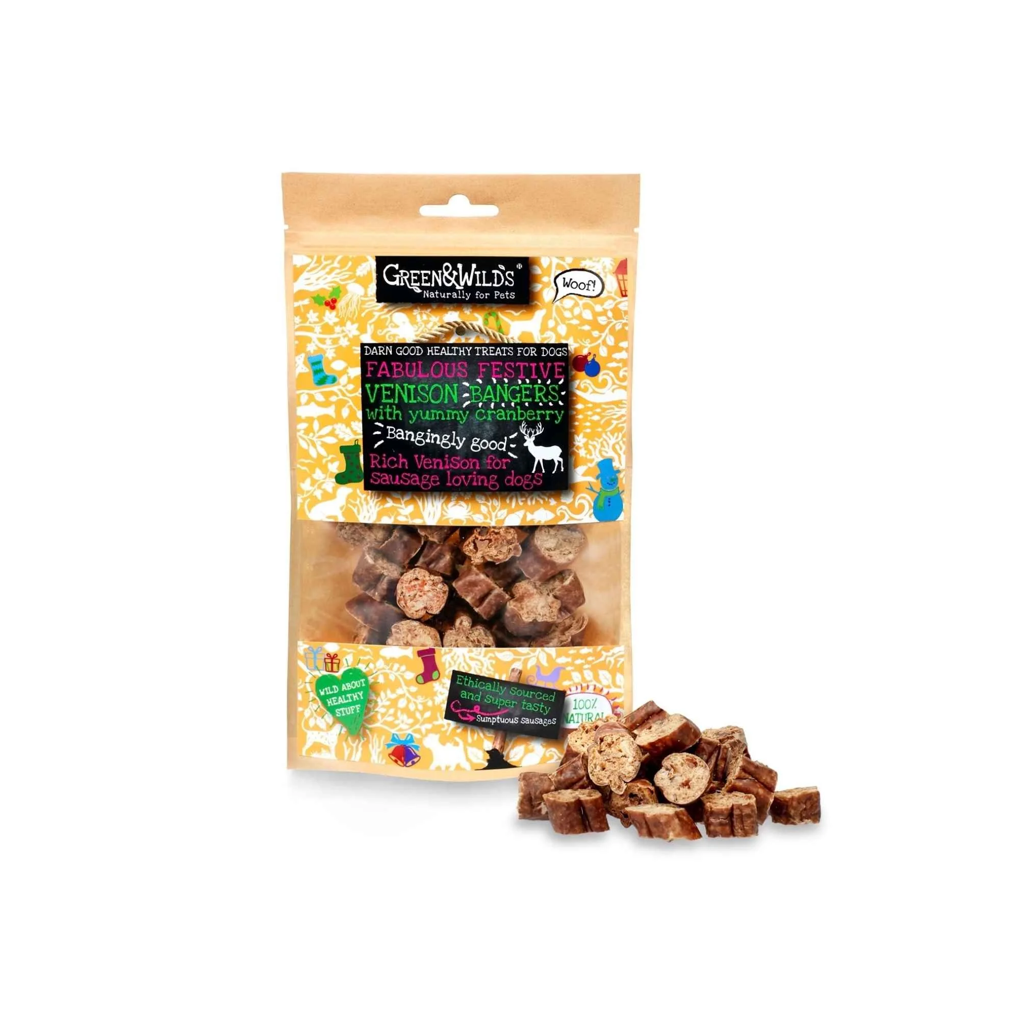 Green & Wild's Festive Venison Bangers pouch standing next to a pile of sliced venison sausage treats on a plain white background.