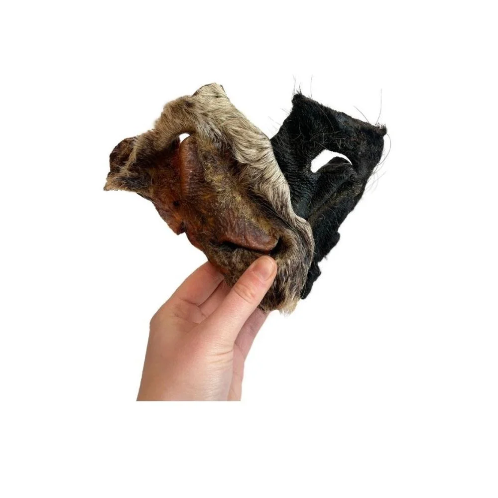 A person holding up a light-coloured and a dark-coloured hairy beef snout dog treat against a plain background.