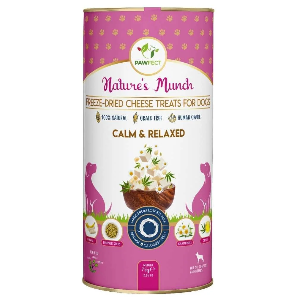 A bright pink tube of Pawfect Nature's Munch Calm and Relaxed functional freeze-dried cottage cheese dog treats.