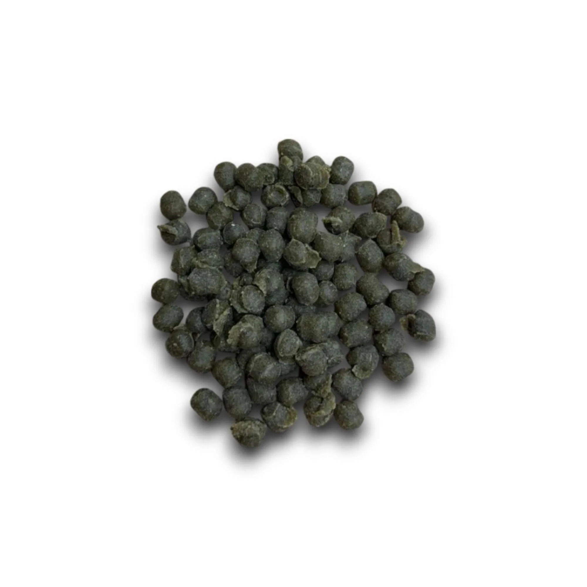 Top-down aerial view of a cluster of dark green lamb dog treat nibbles centred on a white background.