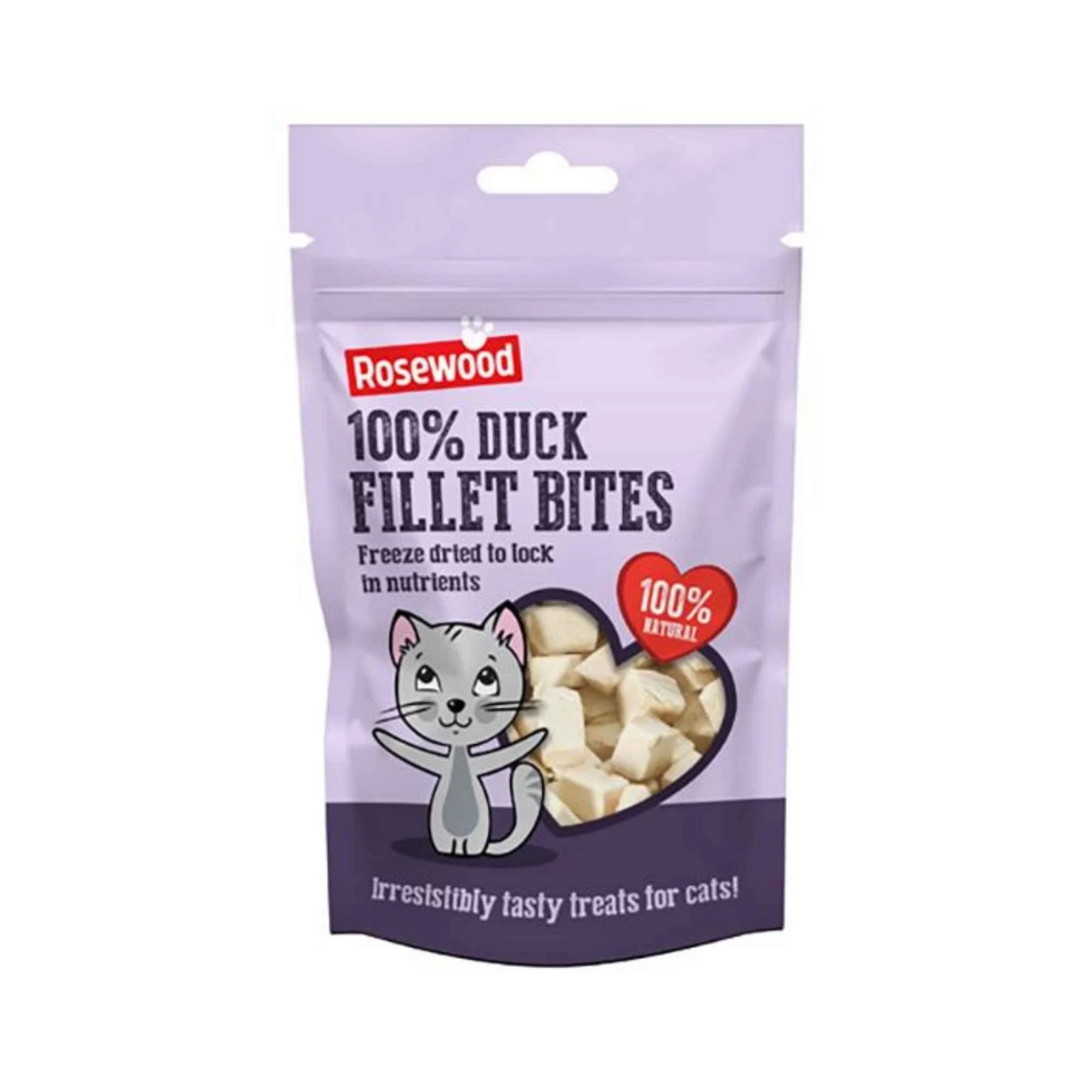 A purple stand-up pouch labeled "Rosewood 100% Duck Fillet Bites." It features a cartoon illustration of a grey cat next to a heart-shaped clear window showing the duck bite treats inside.