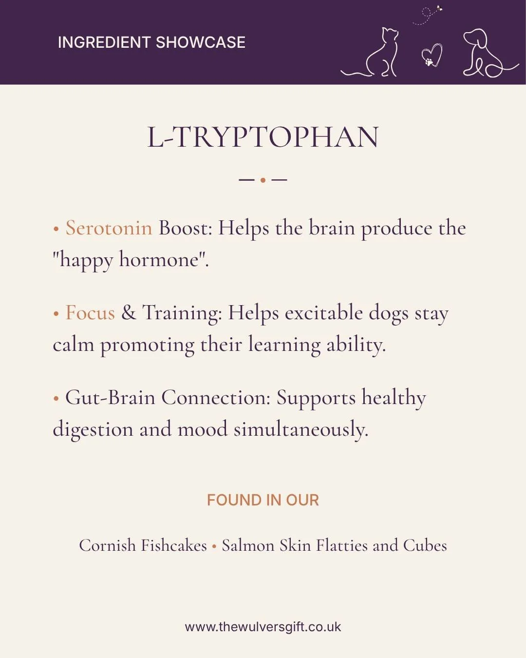 Meet the natural mood-balancer your anxious dog needs: L-tryptophan. 🌿🐾

Naturally found in nutritious foods like salmon and eggs, this essential amino acid is a vital building block for serotonin&mdash;the "happy hormone" in the brain. B