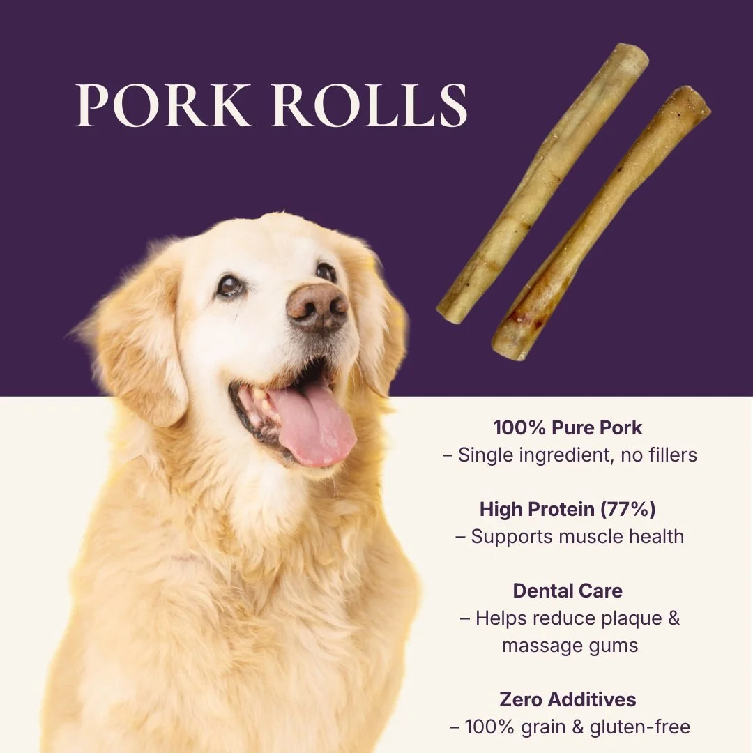 Keep your dog's teeth clean and tail wagging with our Paddock Farm Pork Rolls! 🐖🐾

Made from 100% pork with a massive 77% protein content, these natural dog chews help massage gums and scrape away plaque while providing pure pork flavour.

🛒 Tap t
