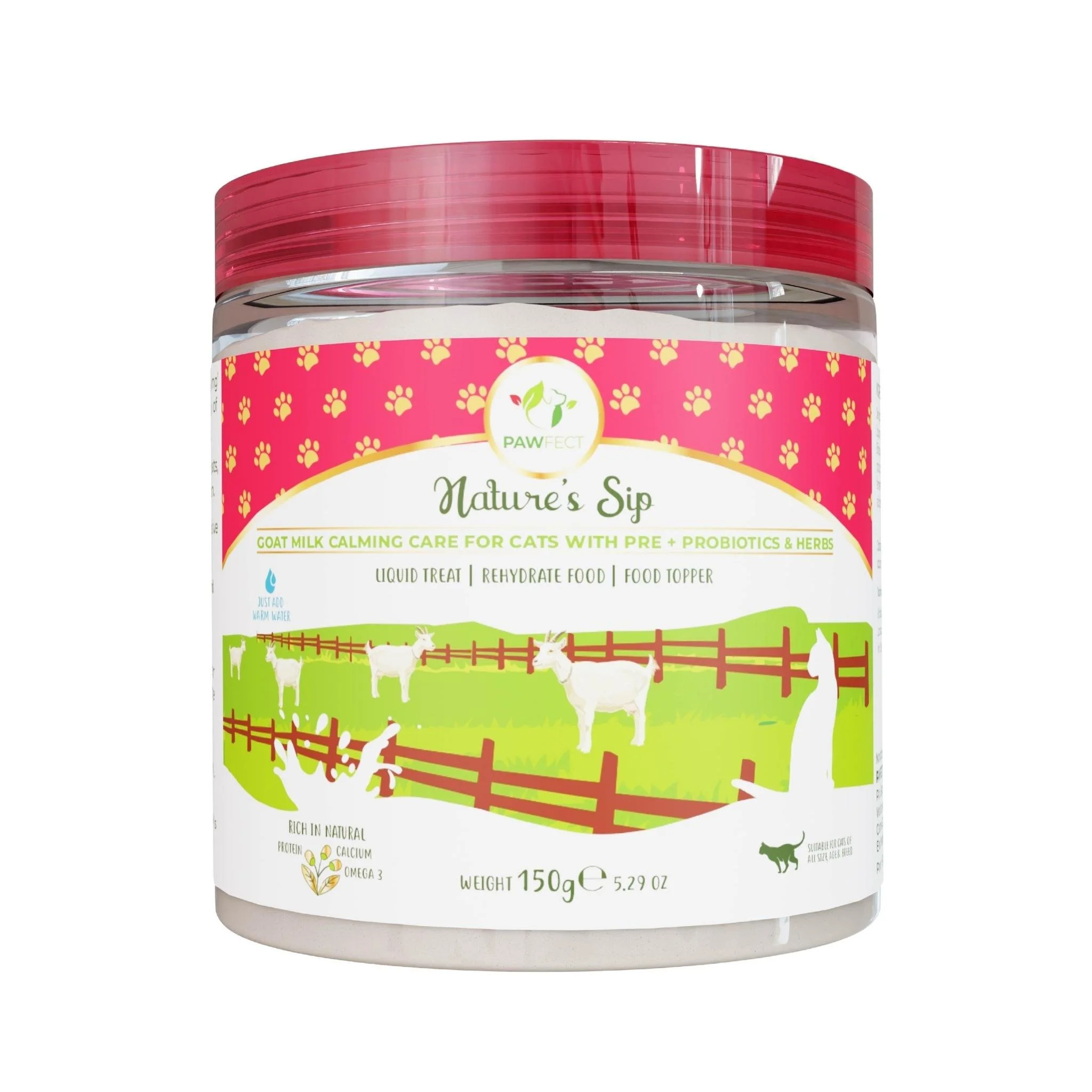 Pawfect Nature’s Sip Goat Milk Powder for Cats, Calming Support formula with soothing herbs and probiotics in a 150g tub with pink lid