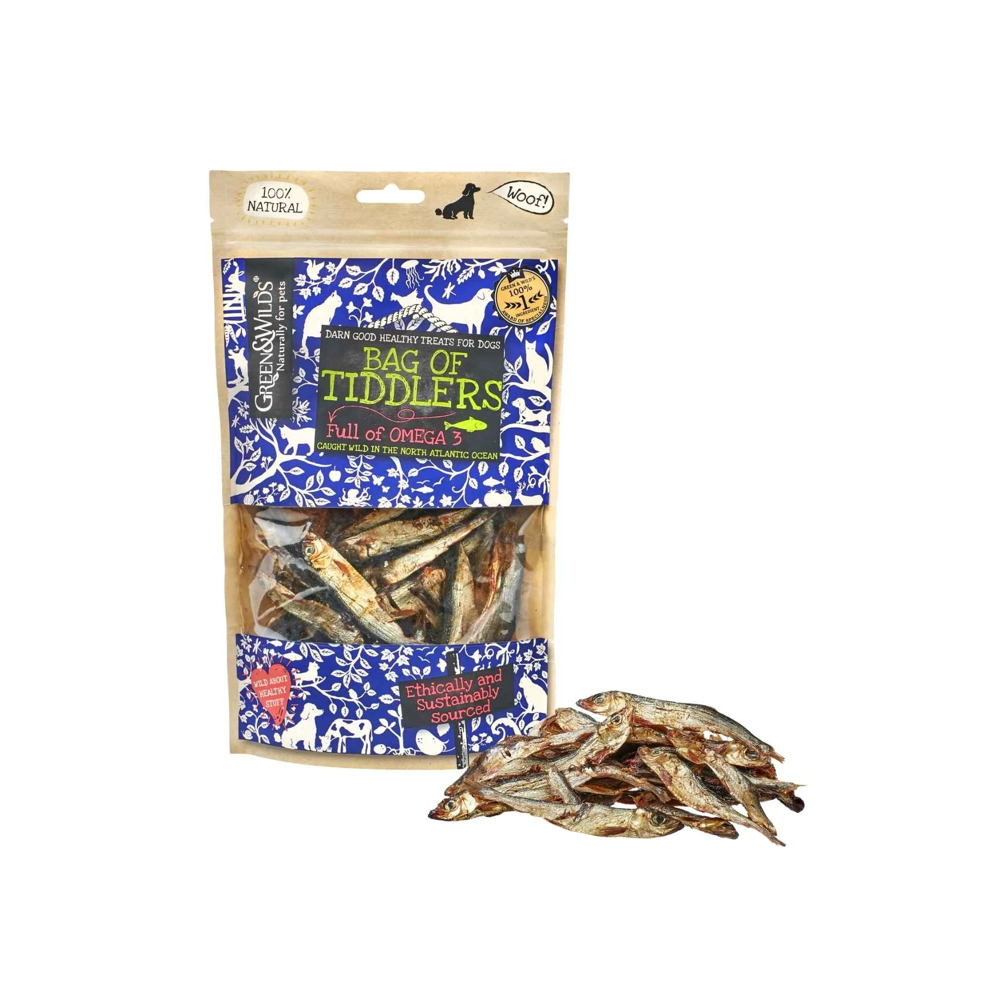 Green & Wild's Bag of Tiddlers pouch standing on a white background next to a small pile of dried tiddler fish treats.