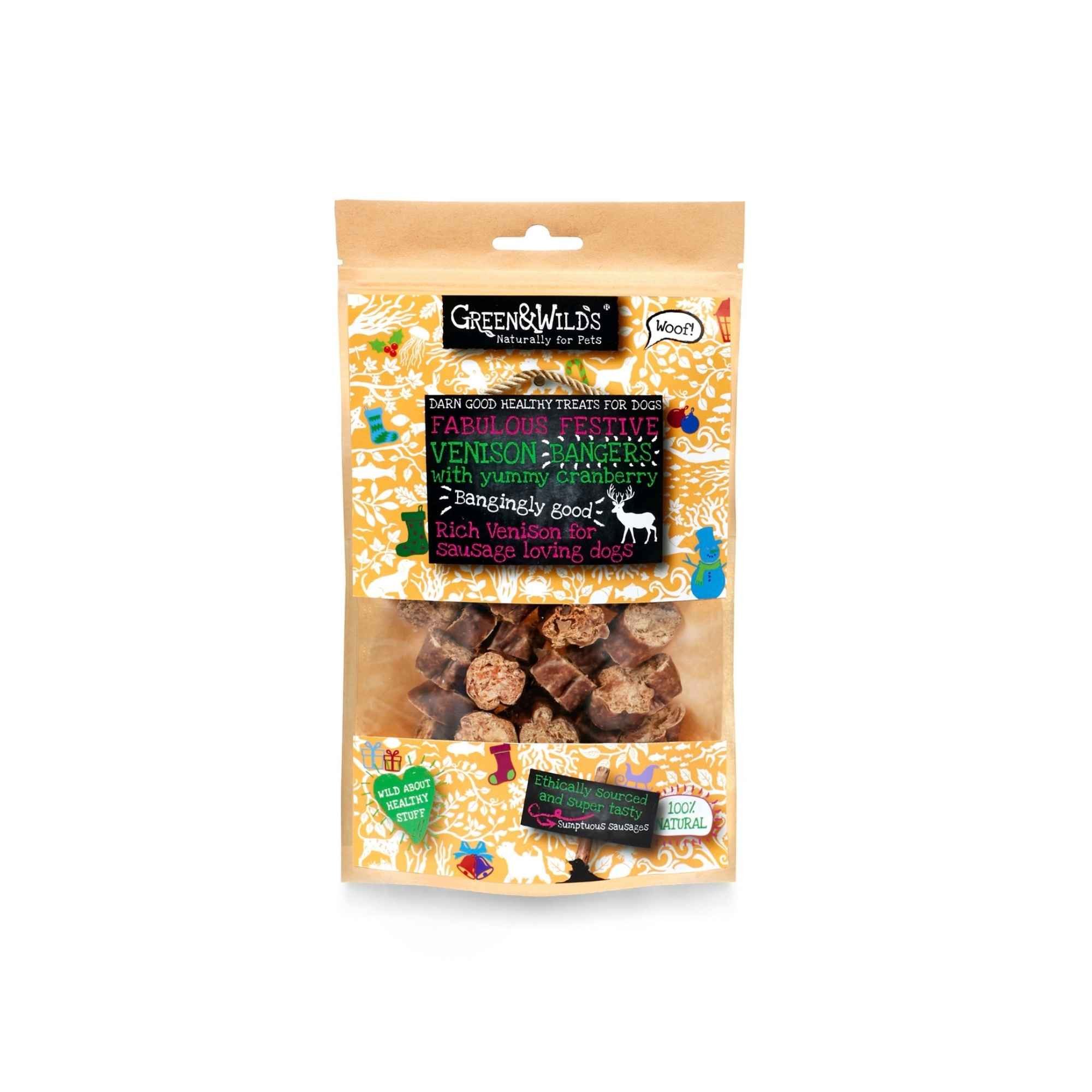 Resealable kraft paper pouch of Green & Wild's Festive Venison Bangers with Yummy Cranberry dog treats, shown against a white background.
