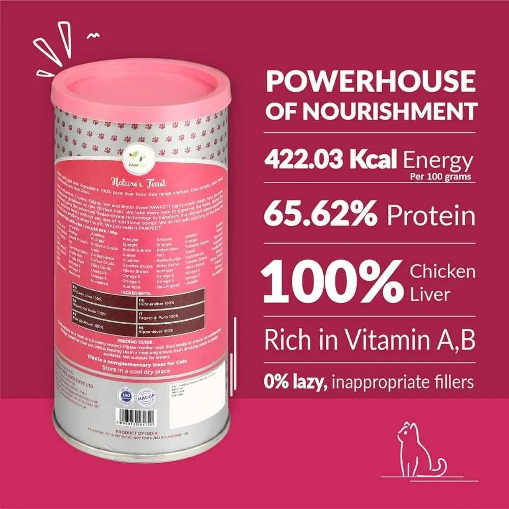 An infographic displaying the reverse side of the Pawfect tub, highlighting 65.62% protein and 100% chicken liver content.