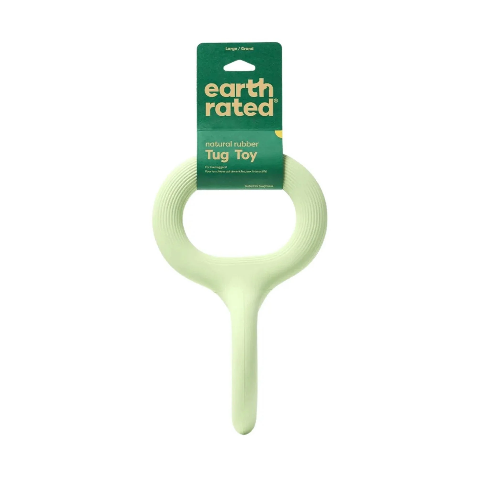Packaged light green figure-eight rubber dog toy by Earth Rated on a white background.