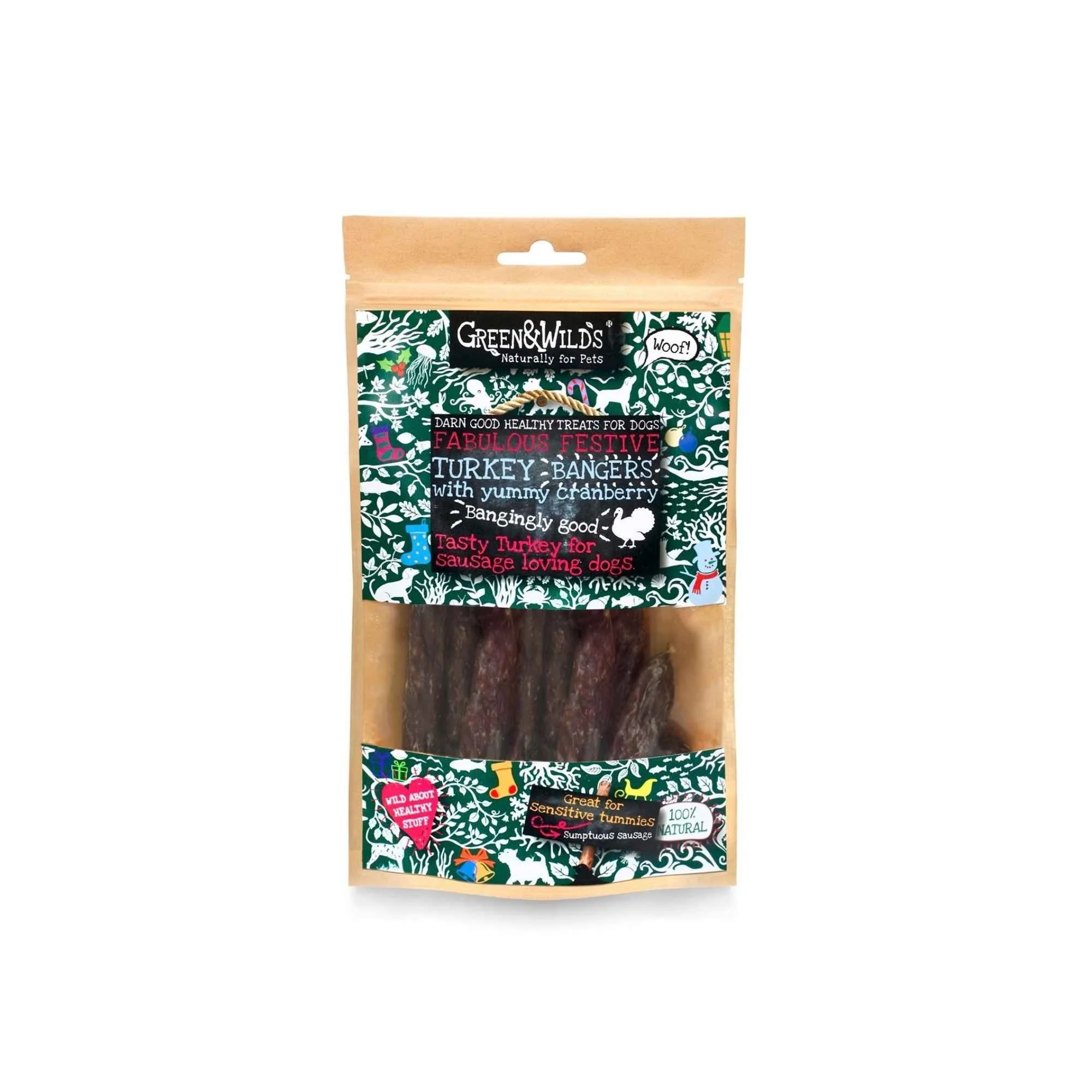 Resealable kraft paper pouch of Green & Wild's Festive Turkey Bangers with Yummy Cranberry dog treats, isolated on a white background.