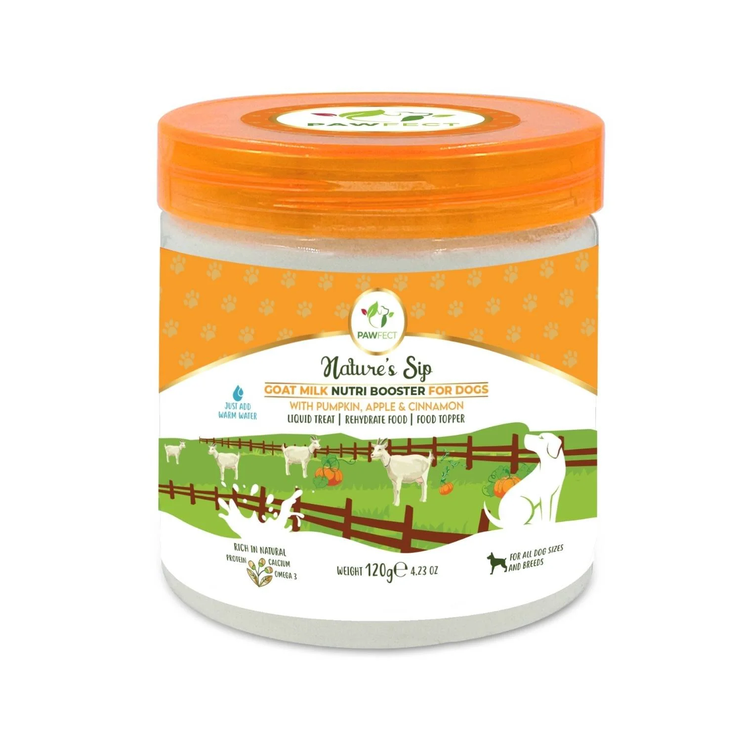 Clear plastic tub with an orange lid containing Nature's Sip Goat's Milk with Pumpkin powder on a plain white background.
