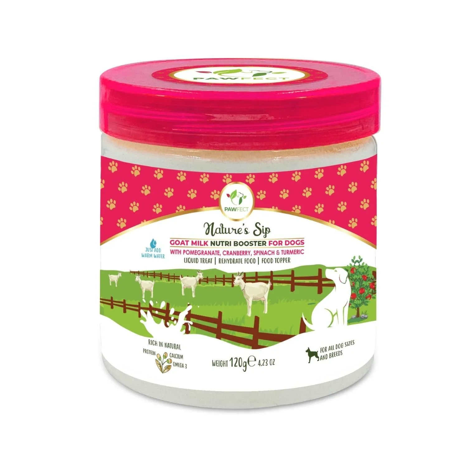 Clear plastic tub featuring a magenta lid and label for Nature's Sip Goat's Milk with Pomegranate powder on a white background.