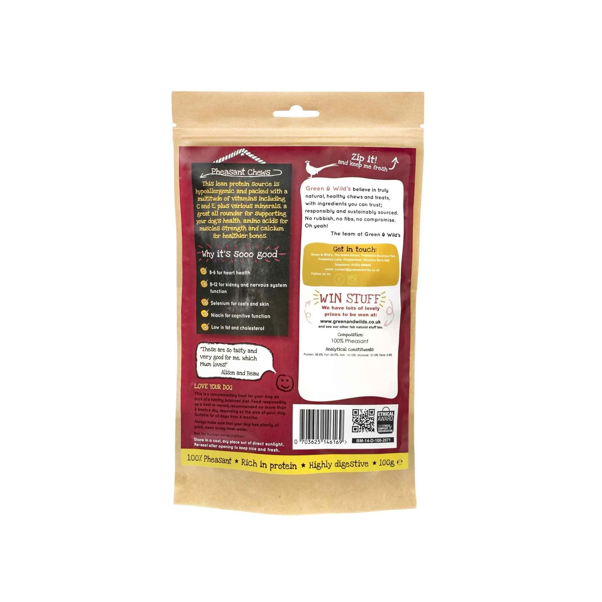 Back of a kraft paper pouch of Green & Wild's Pheasant Chews showing nutritional information and barcode on a white background.