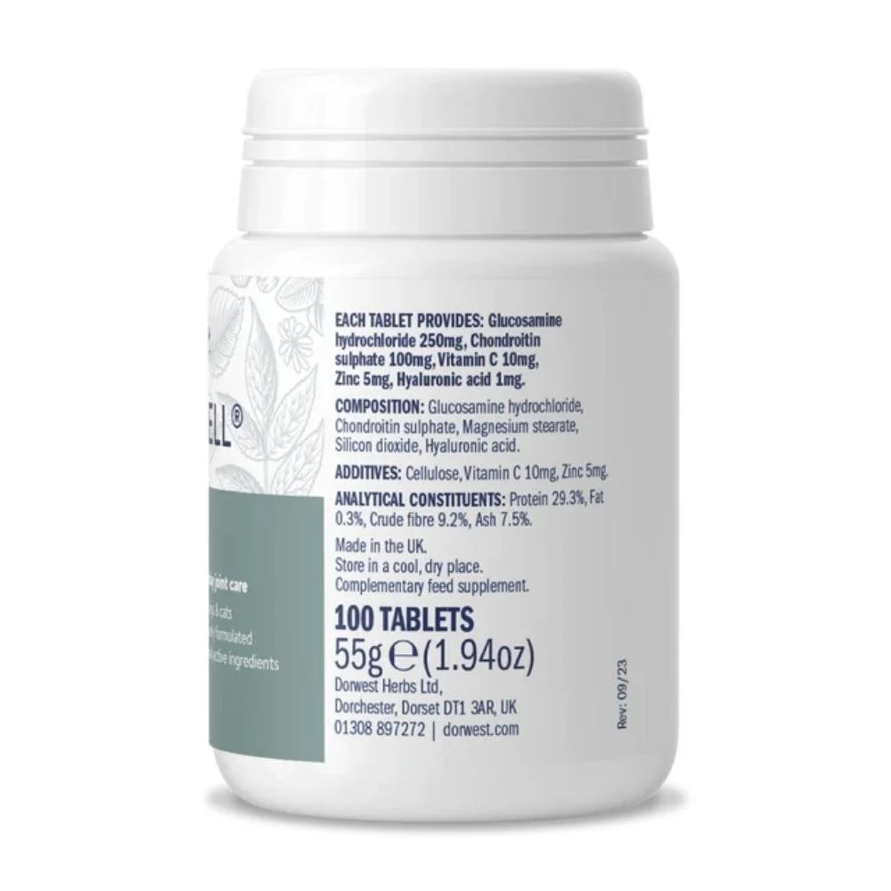 Side view of the Dorwest Jointwell bottle label showing the active ingredients, 100 tablets count, and weight specification.