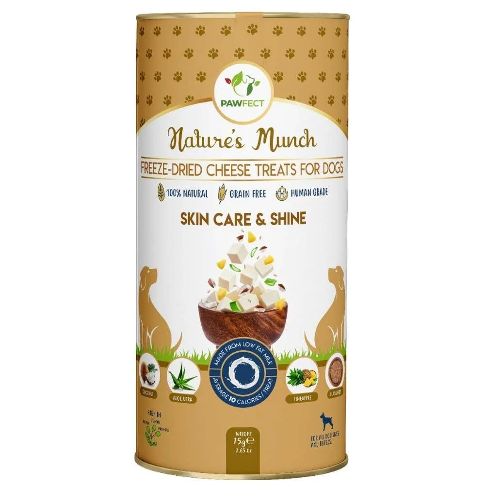 A tan tube of Pawfect Nature's Munch Skin, Coat and Bone functional freeze-dried cottage cheese dog treats.