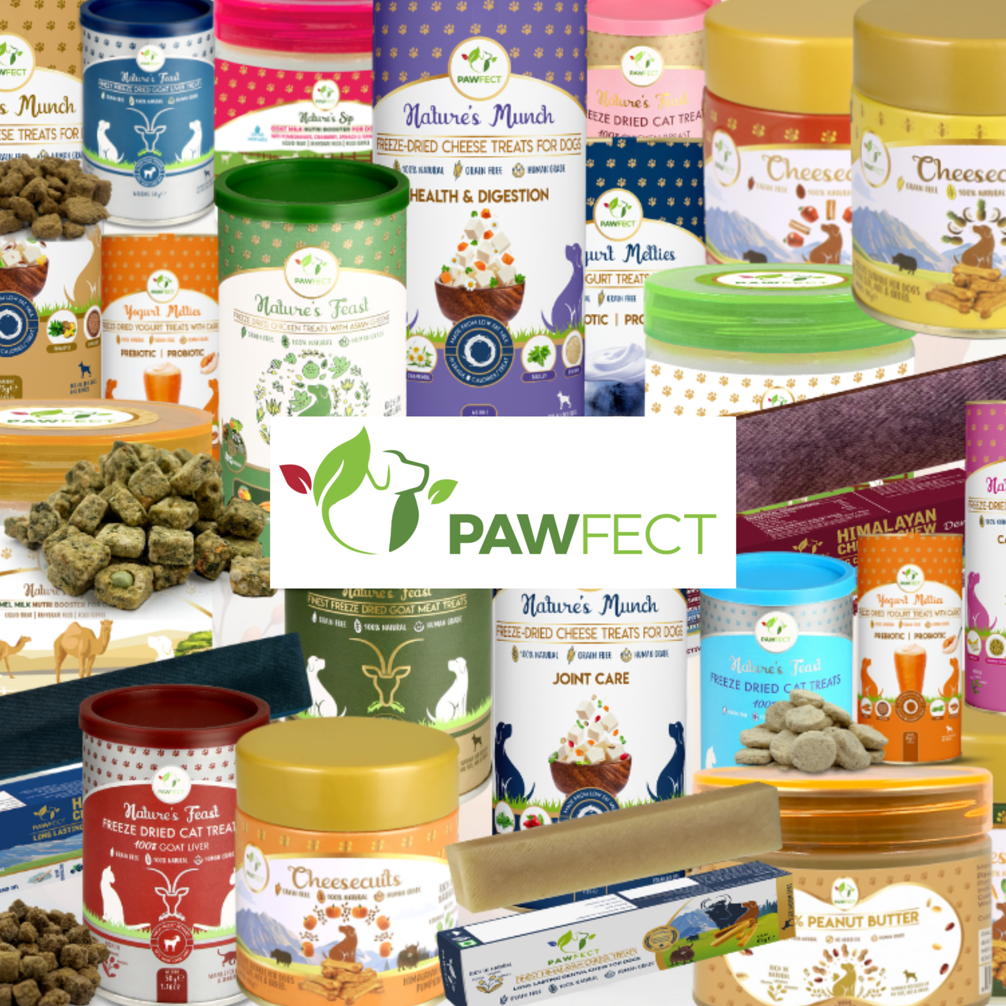 Pawfect dog treats logo and products