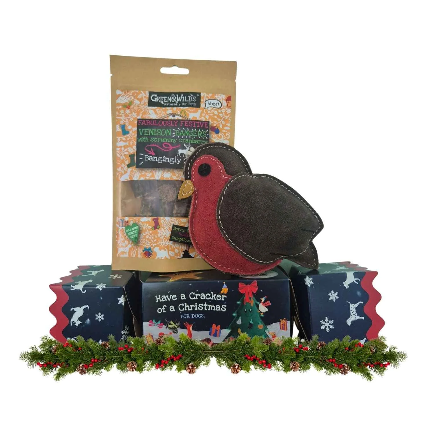 Green & Wild's Festive Venison Bangers pouch and a Christmas cracker featuring a red and brown Aurora Paws eco suede robin dog toy on a white background.