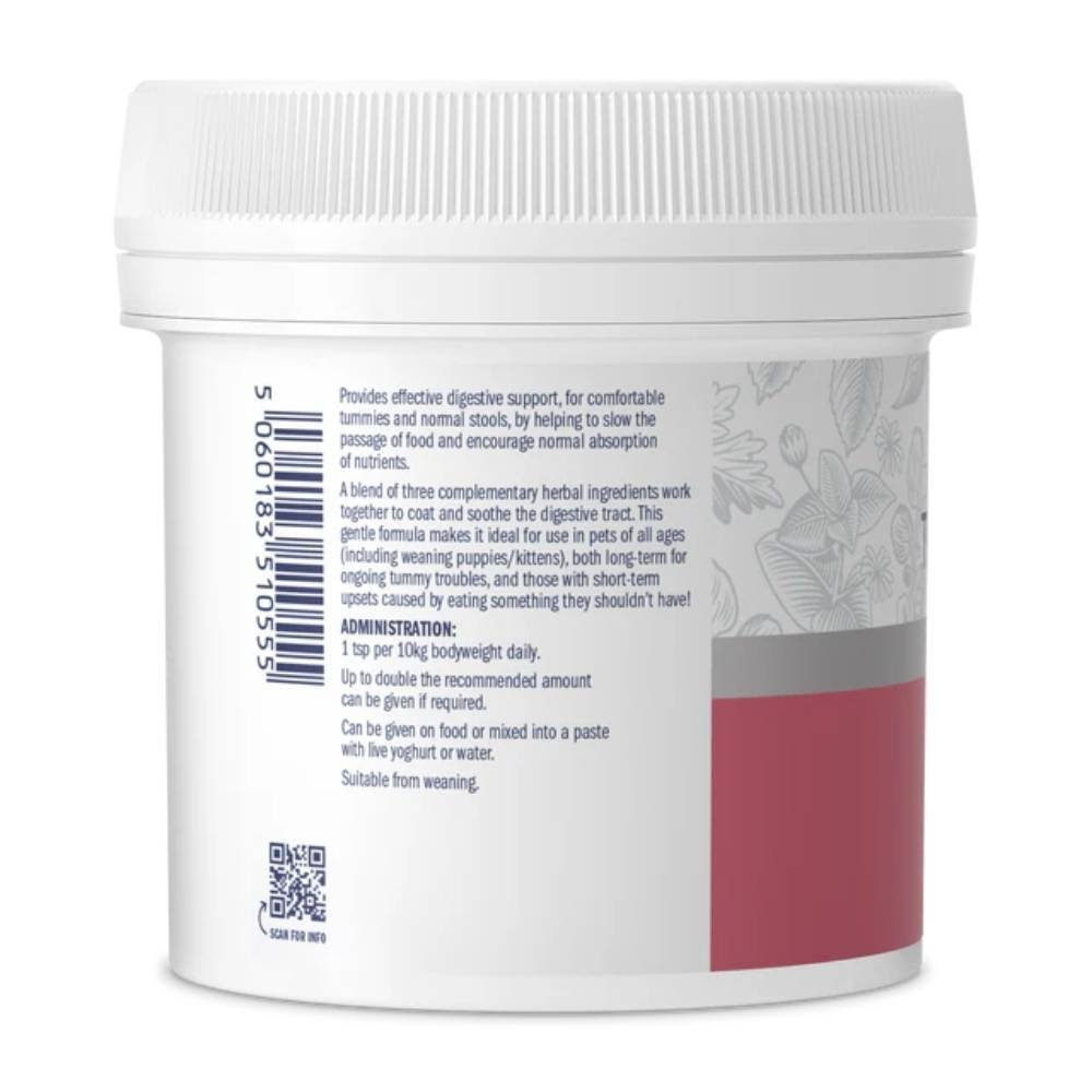 Rear label view of the Dorwest Tree Barks Powder tub showing the product description, administration guidelines, and barcode.