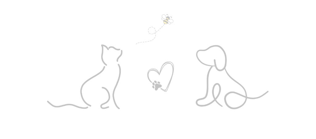 Outline image of dog, cat, heart and bee flying above them