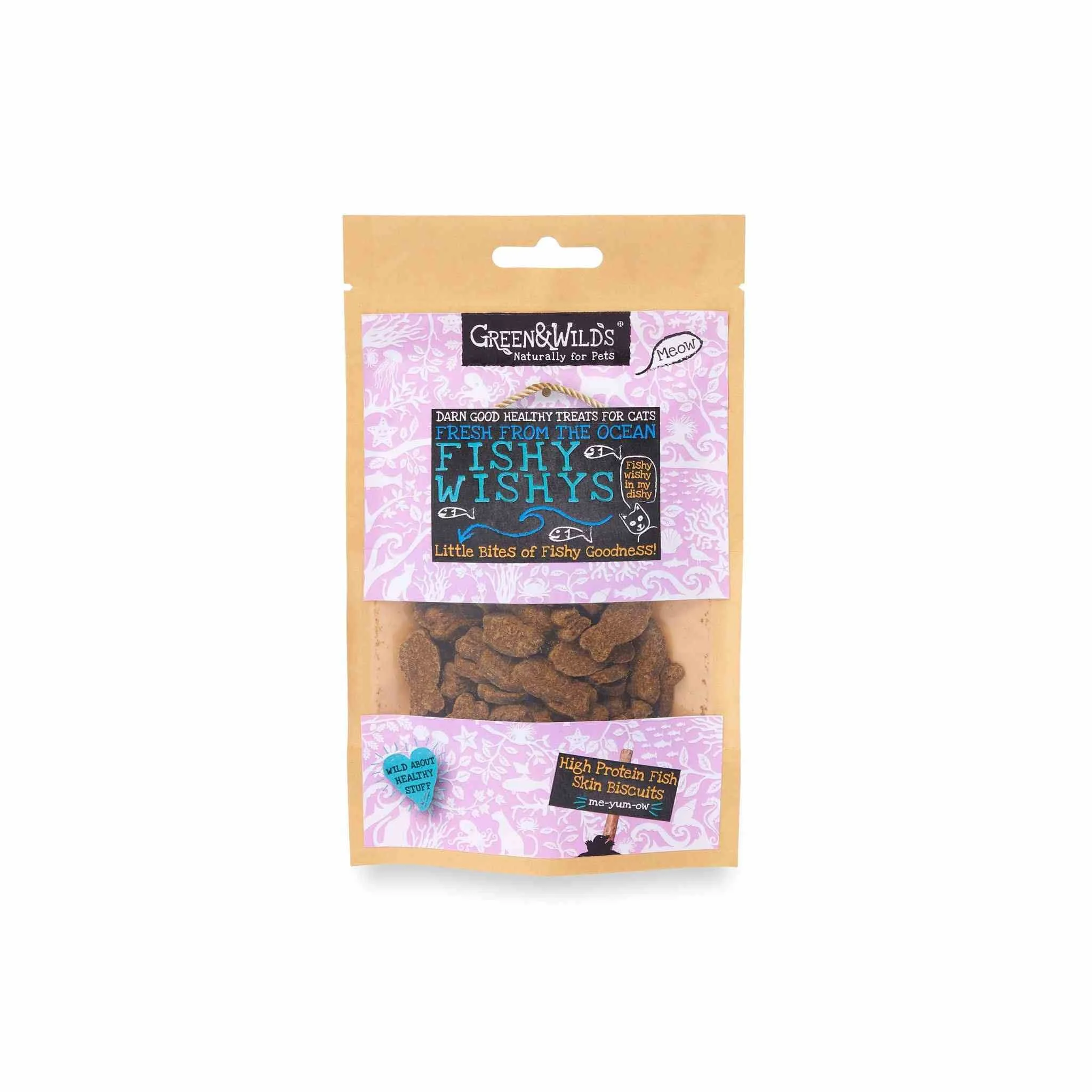 A standalone, front-facing product shot of the Green & Wild's Fishy Wishys resealable pouch, showcasing the purple label and the treat contents through a clear front window.