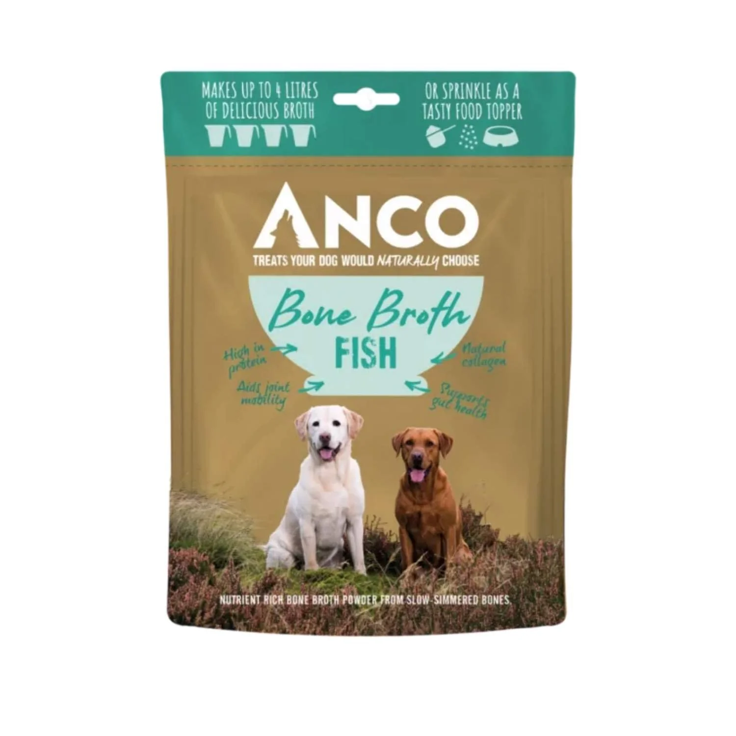 Anco Fish Bone Broth powder for dogs in a stand-up pouch with a teal green top label and dog imagery.
