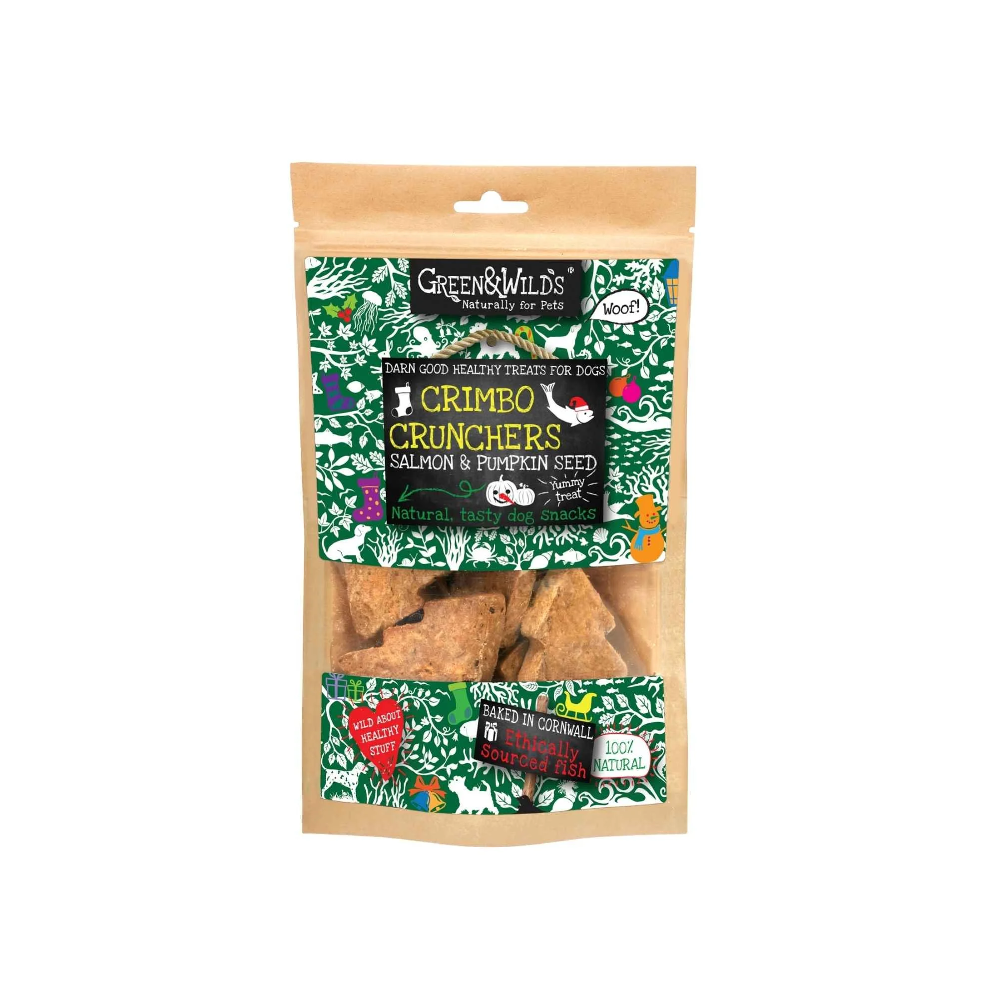 Resealable kraft paper pouch of Green & Wild's Crimbo Crunchers festive Christmas tree dog biscuits with green patterned packaging, shown on a plain white background.
