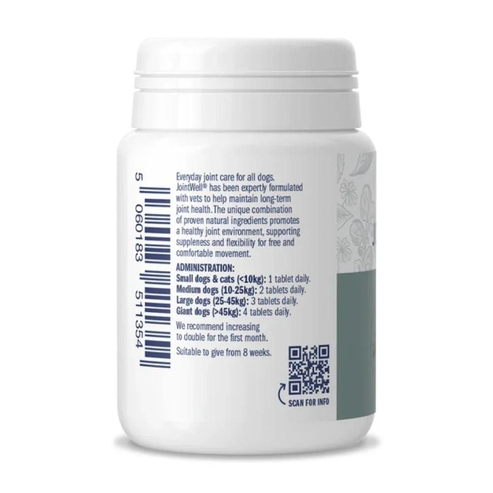 Rear label view of the Dorwest Jointwell bottle displaying administration instructions, barcode, and product batch details.