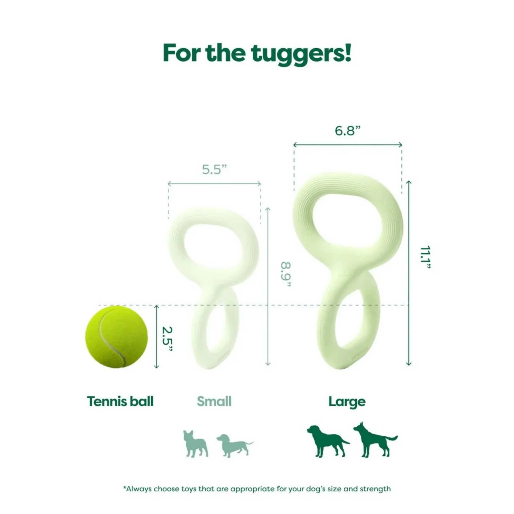 Sizing chart graphic for Earth Rated dog toy comparing small and large sizes to a tennis ball.