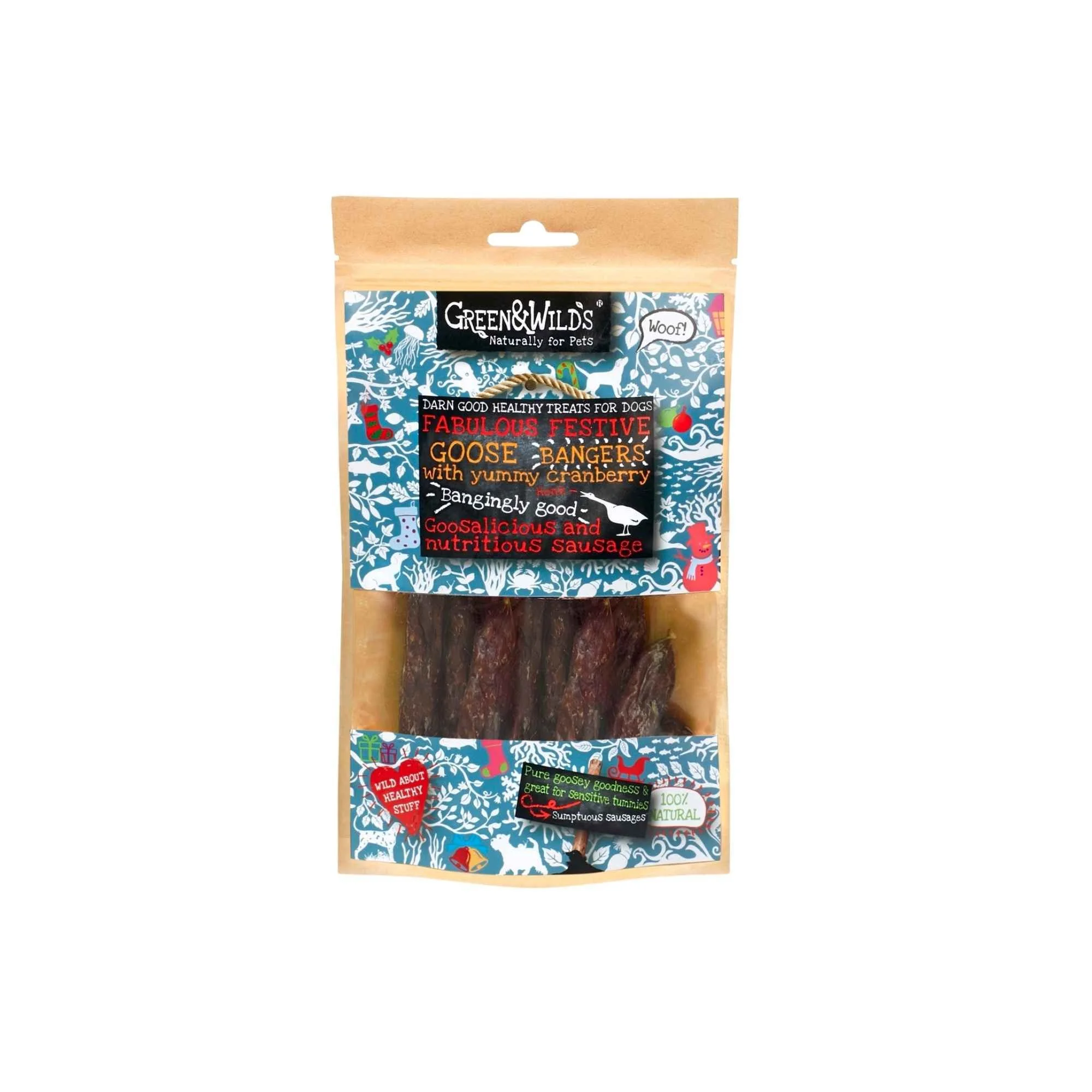 Resealable kraft paper pouch of Green & Wild's Festive Goose Bangers with Yummy Cranberry dog treats, shown against a plain white background.