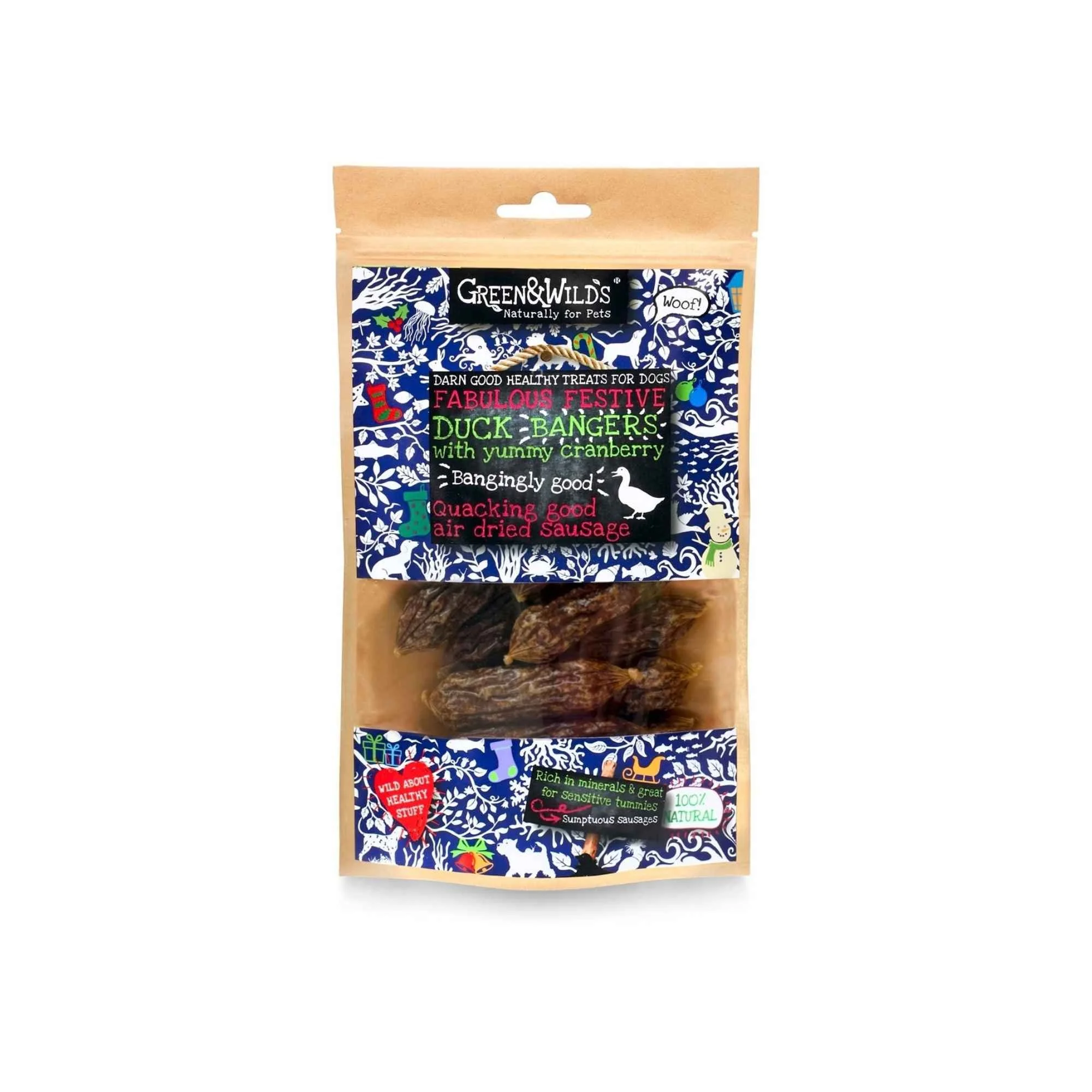 Resealable paper pouch of Green & Wild's Festive Duck Bangers with Yummy Cranberry air-dried sausage dog treats, isolated on a white background.