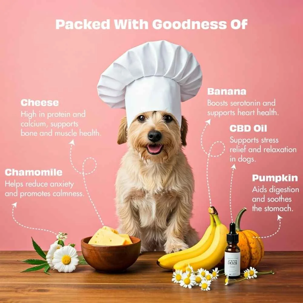 An infographic highlighting the calming cheese treats blended with chamomile, banana, and CBD oil.