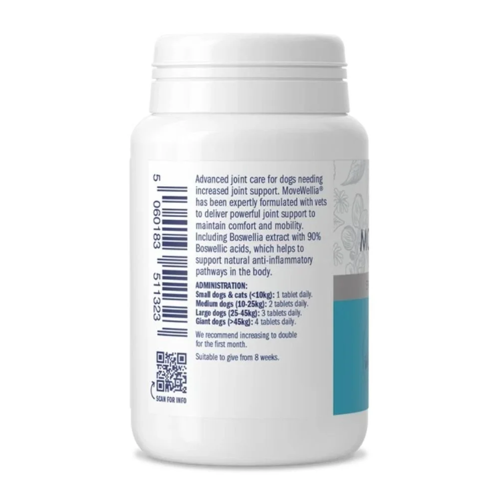 Side view of the Dorwest MoveWellia bottle label showing product barcode, registration details, and clear text guidelines for daily tablet administration by weight.