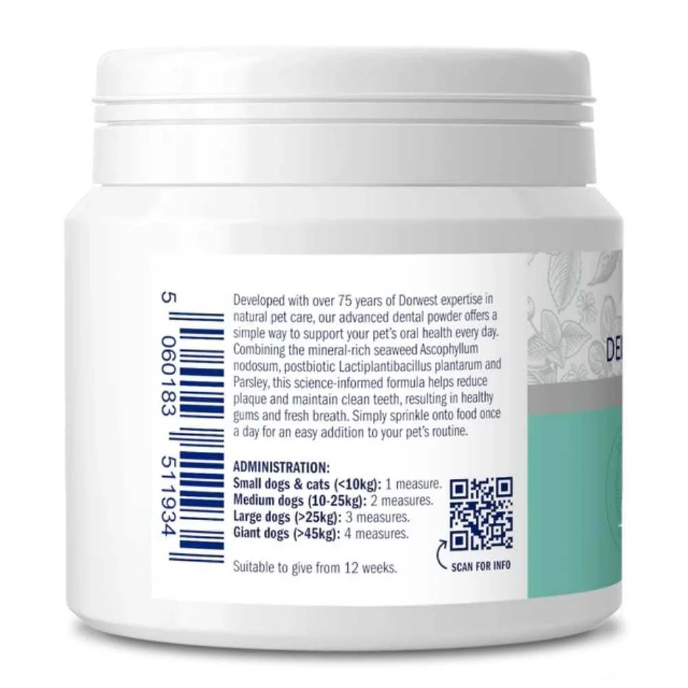 Side view of the Dorwest Dental Powder packaging showing the barcode, manufacturer details, and supplementary product text.
